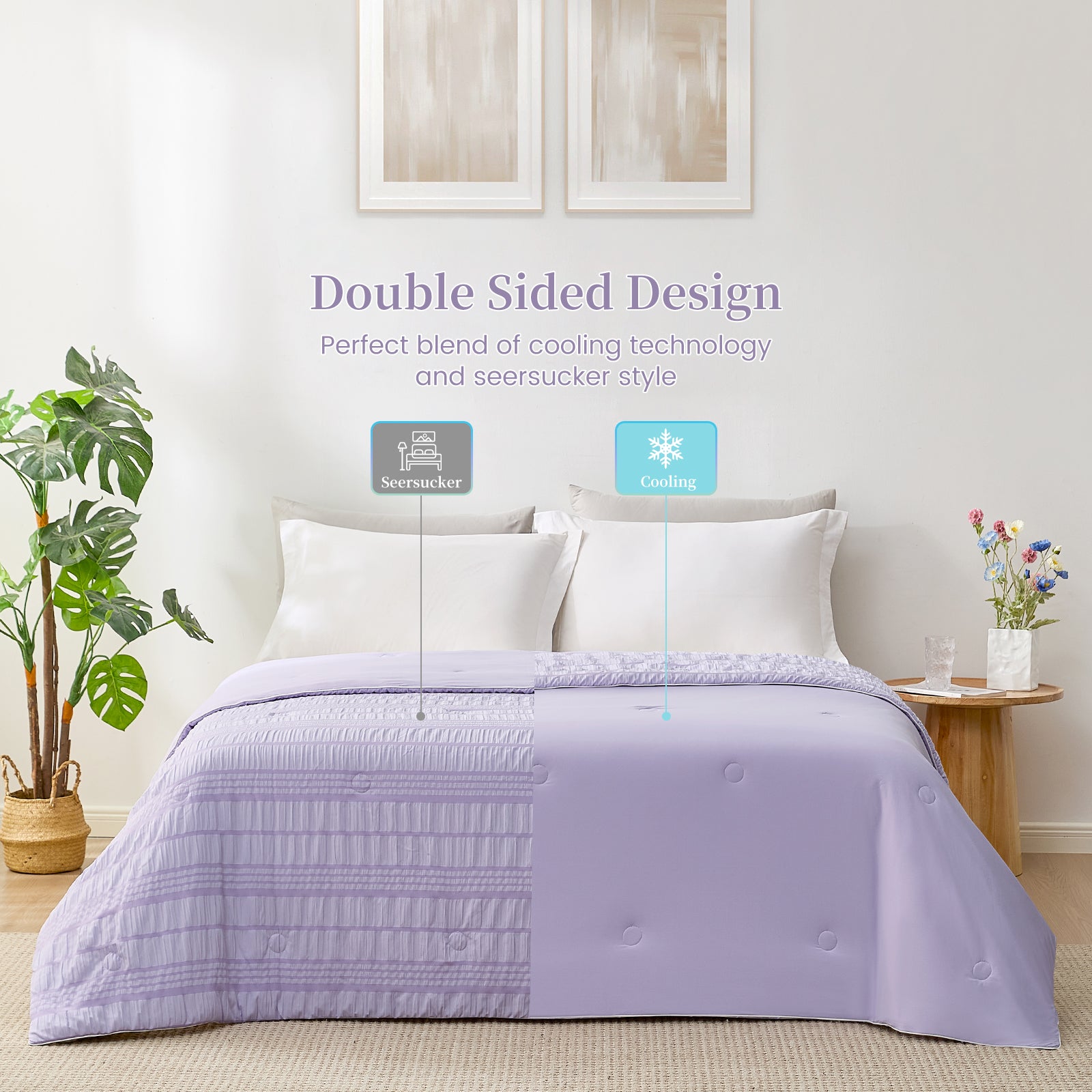 Snuggle Sac Cooling comforter with double design in purple on bed in a bedroom with plants#color_Purple