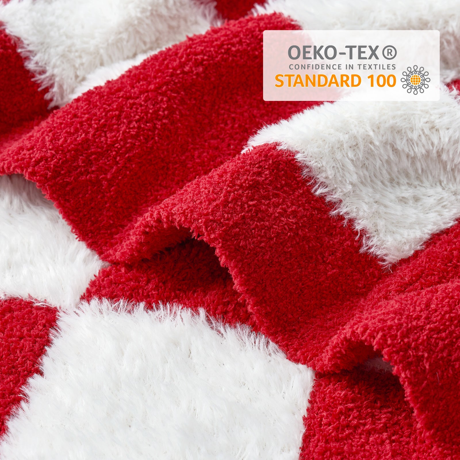 Close up of UltraCozy Checkered Feather Yarn Knit Throw Blanket with OEKO-TEX Certificate#Color_Red/Cream