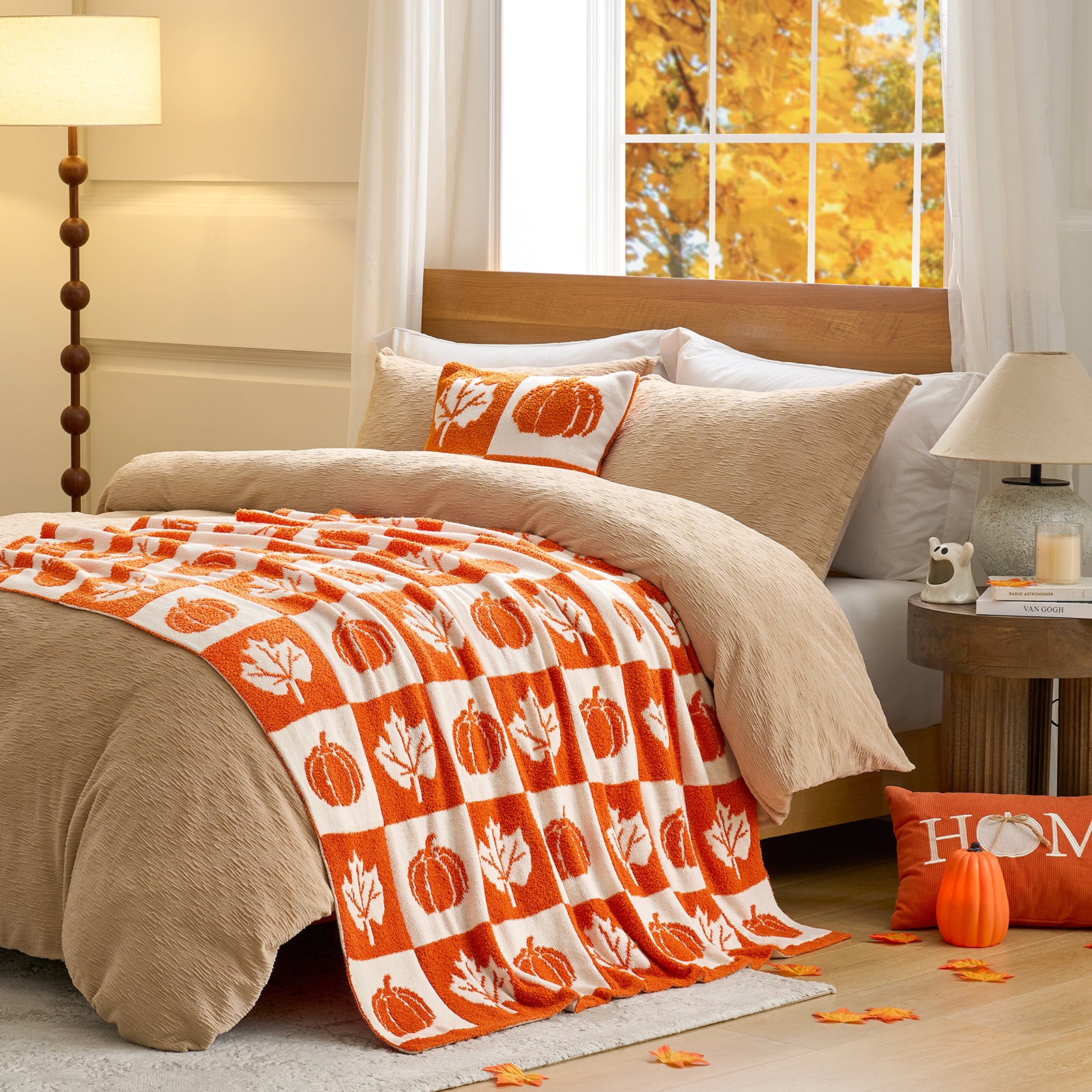 MochiSoft™ Checkered Pumpkin Maple Leaf Throw Blanket