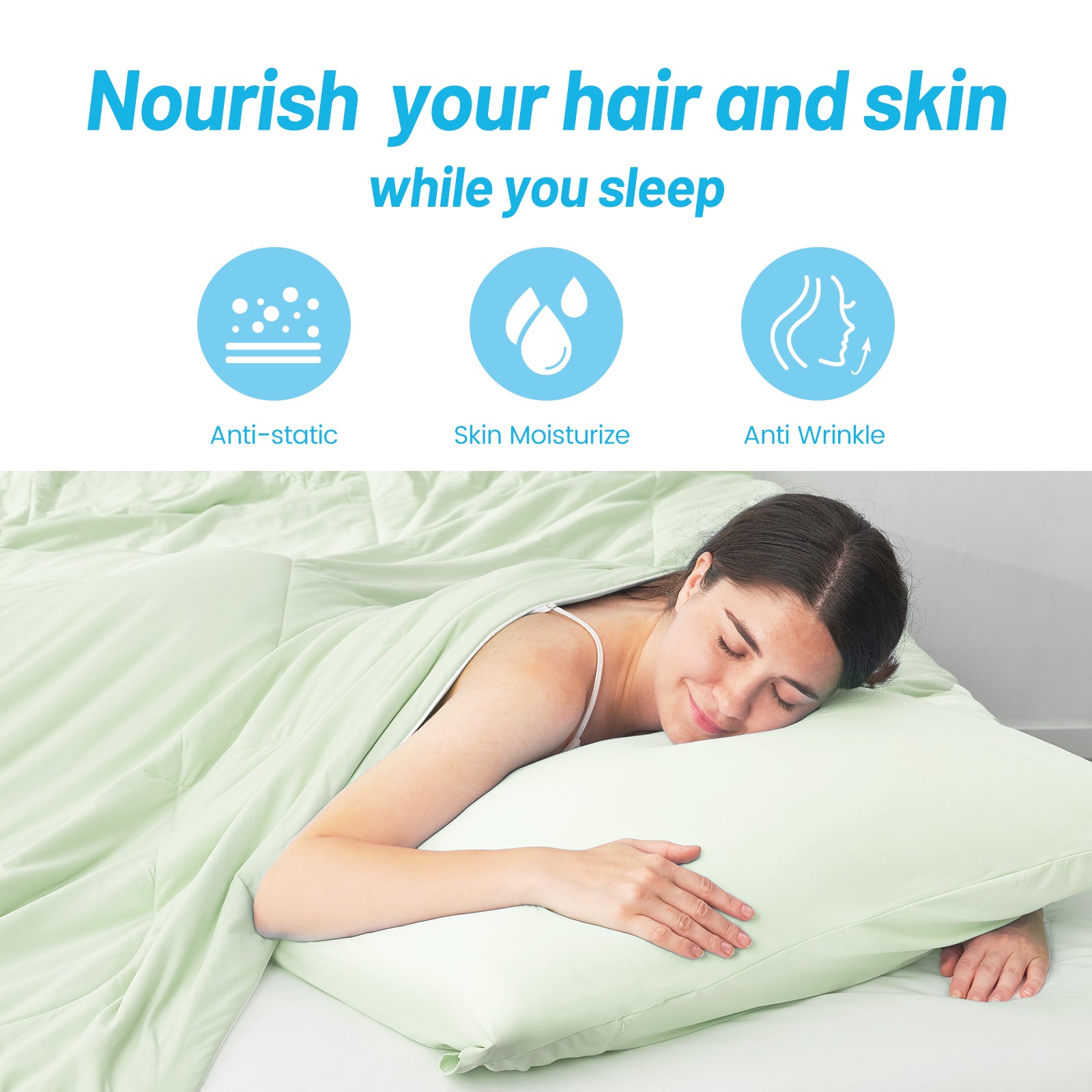 Woman sleeping on a Snuggle Sac pillow with text 'Nourish your hair and skin while you sleep' and icons for anti-static, skin moisturize, and anti-wrinkle.#Color_Green