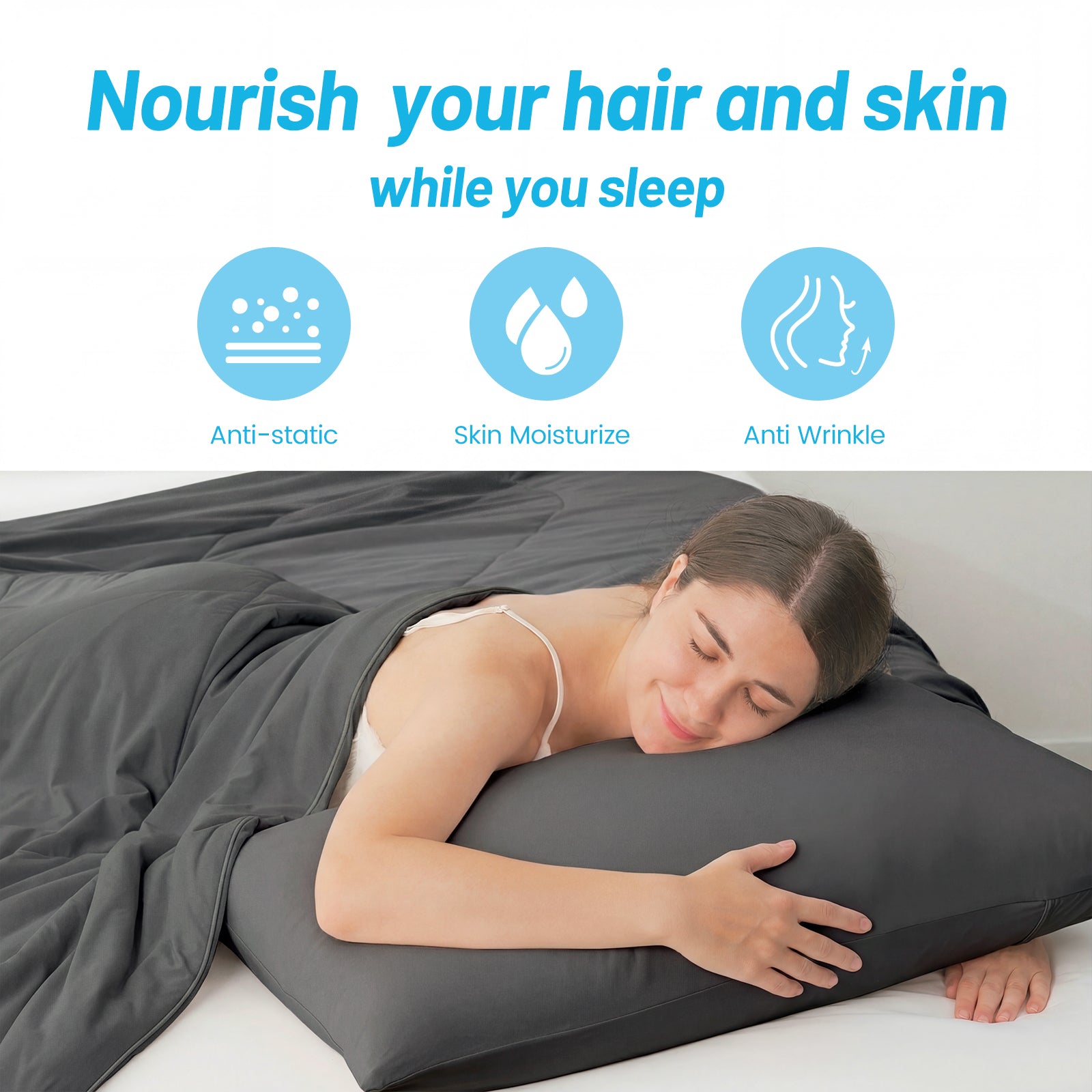 Woman sleeping on a gray pillow with text about hair and skin care benefits.#color_Charcoal Grey