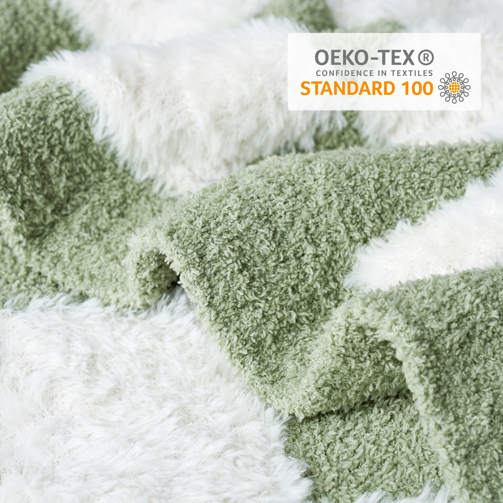 Close up of UltraCozy Checkered Feather Yarn Knit Throw Blanket with OEKO-TEX Certificate#Color_Sage Green White