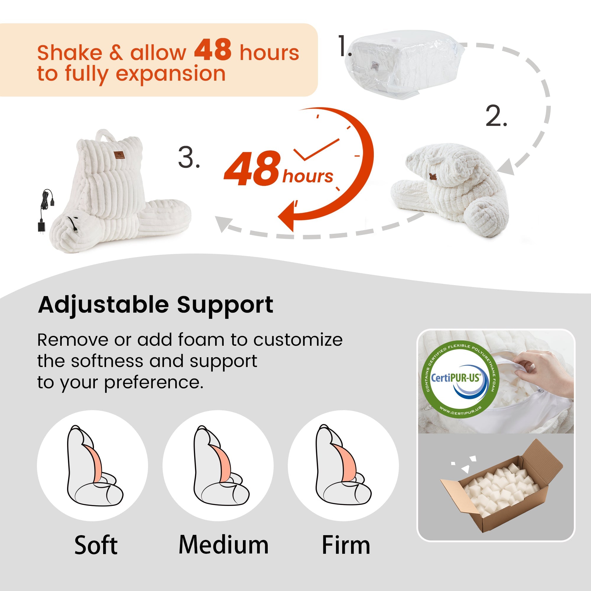Instructions showing Snuggle Sac Heated Faux Fur Backrest Reading Pillow in ivory featuring the pillow can be adjustable according to preferences#color_Ivory