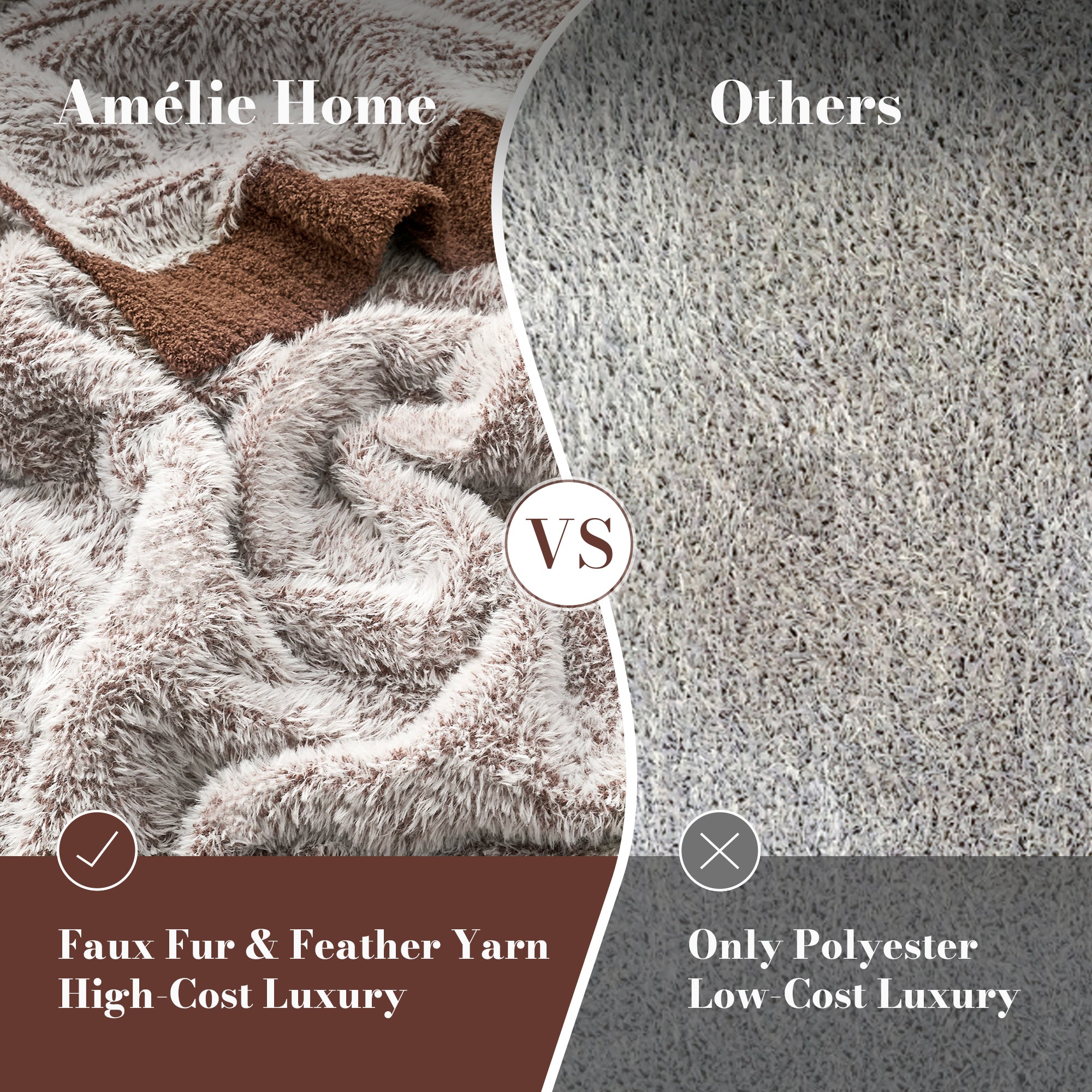 Ultrasoft faux fur knit throw blanket in Brown compared with standard polyester fabric, highlighting plush texture and luxury feel #color_Brown
