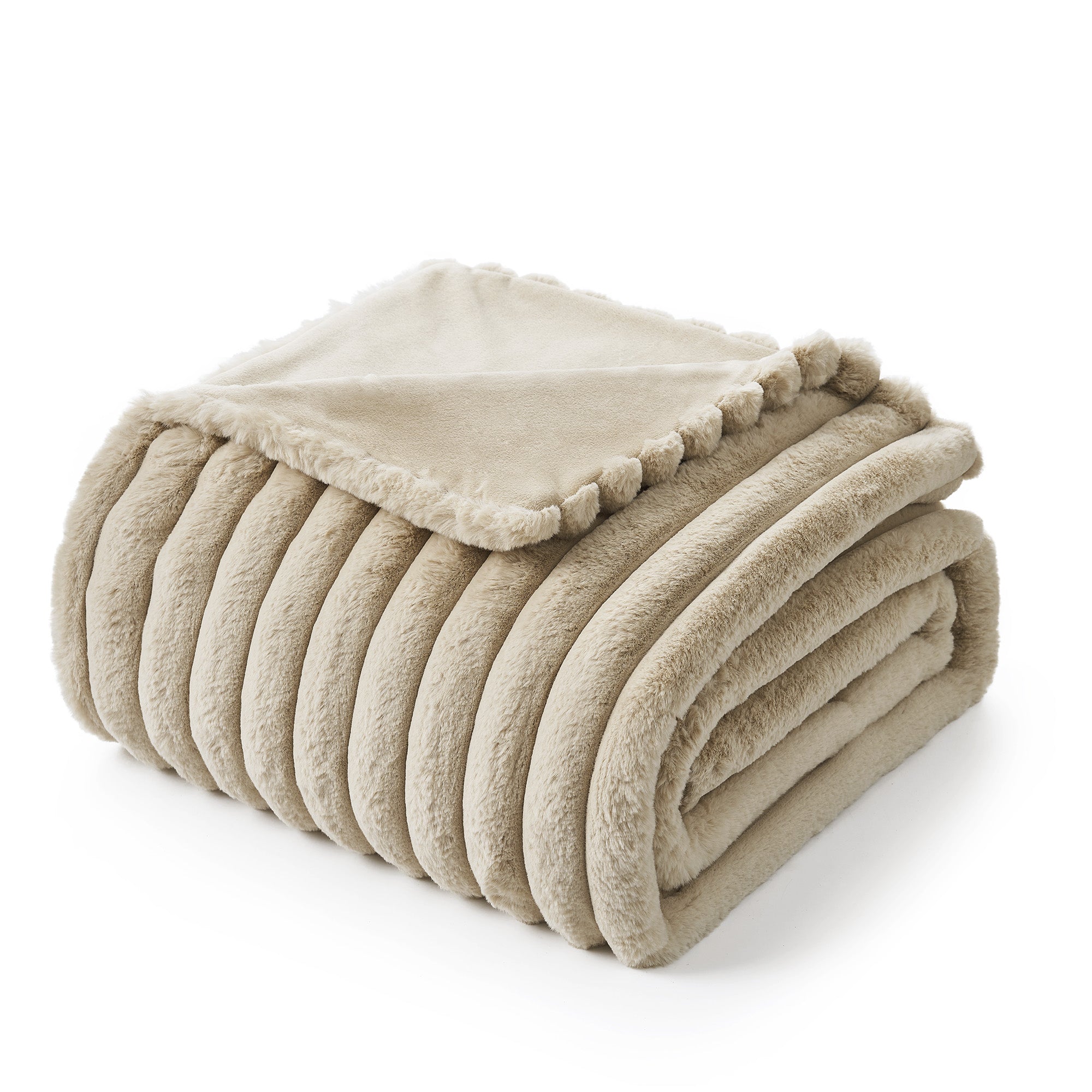 Snuggle Sac striped faux fur throw blanket in Beige folded front view #color_Beige