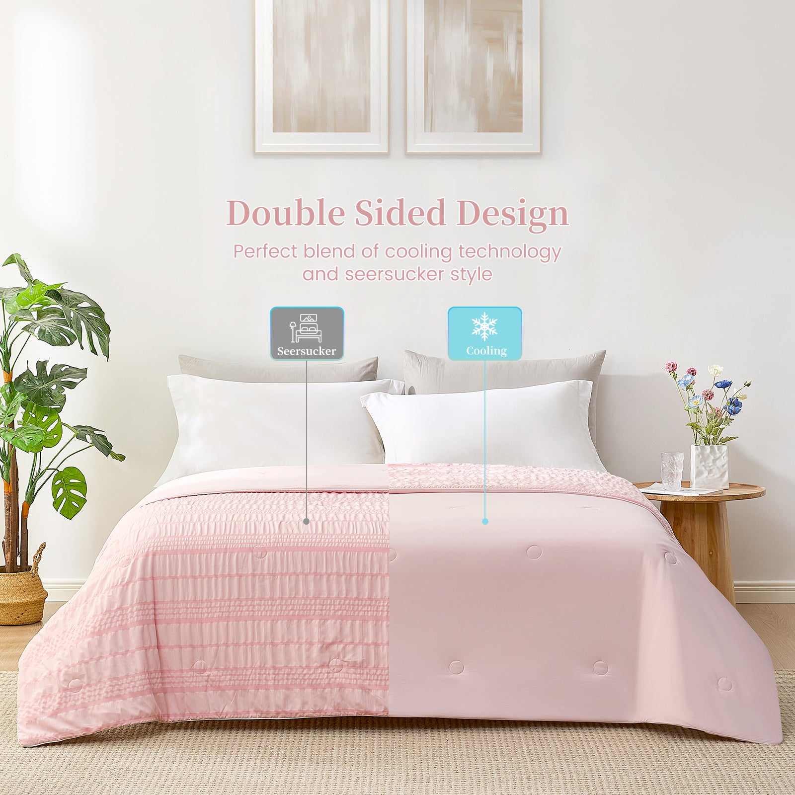 Snuggle Sac Cooling comforter with double design in pink on bed in a bedroom with plants#color_Pink