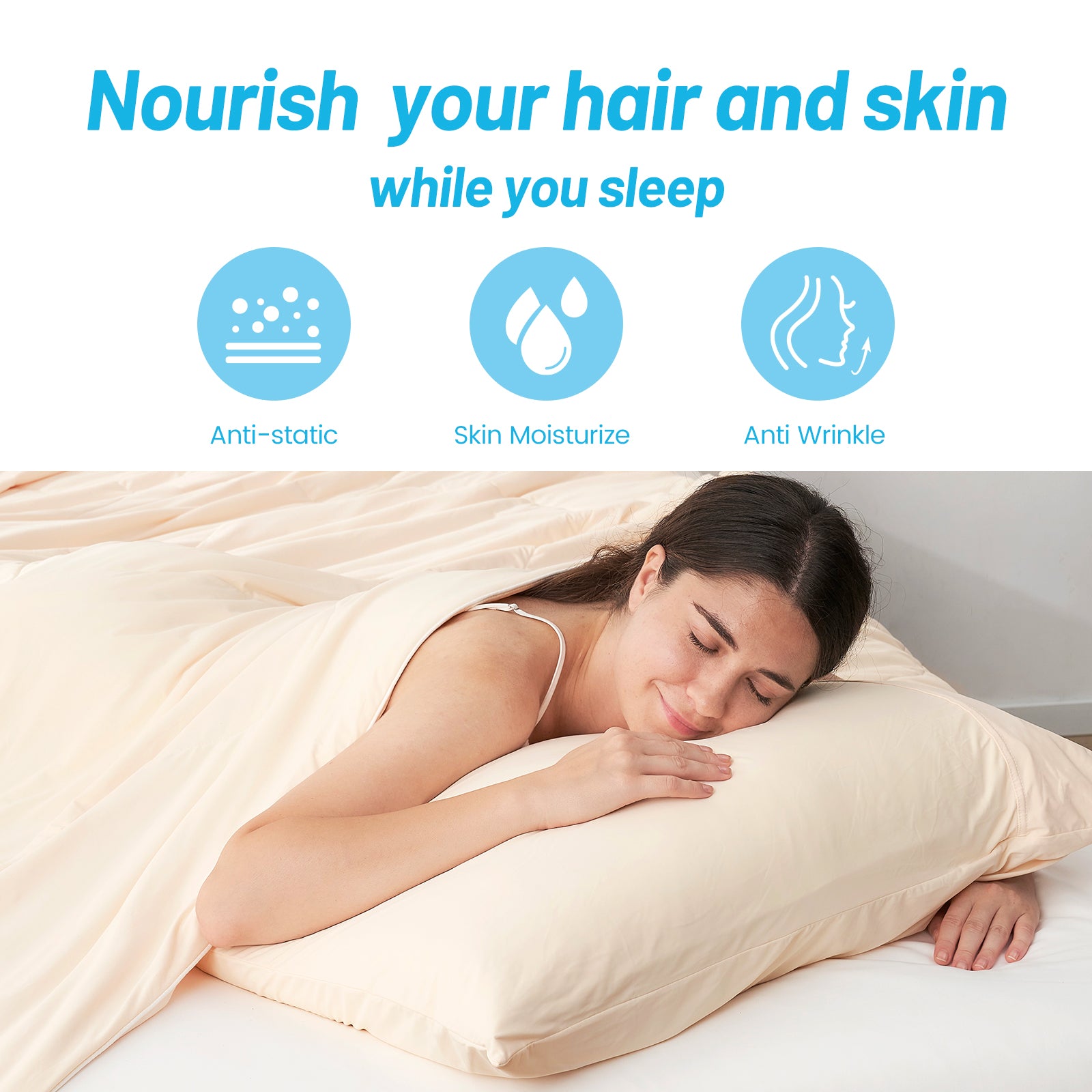 Woman sleeping on a Snuggle Sac pillow with text 'Nourish your hair and skin while you sleep' and icons for anti-static, skin moisturize, and anti-wrinkle.#Color_Yellow