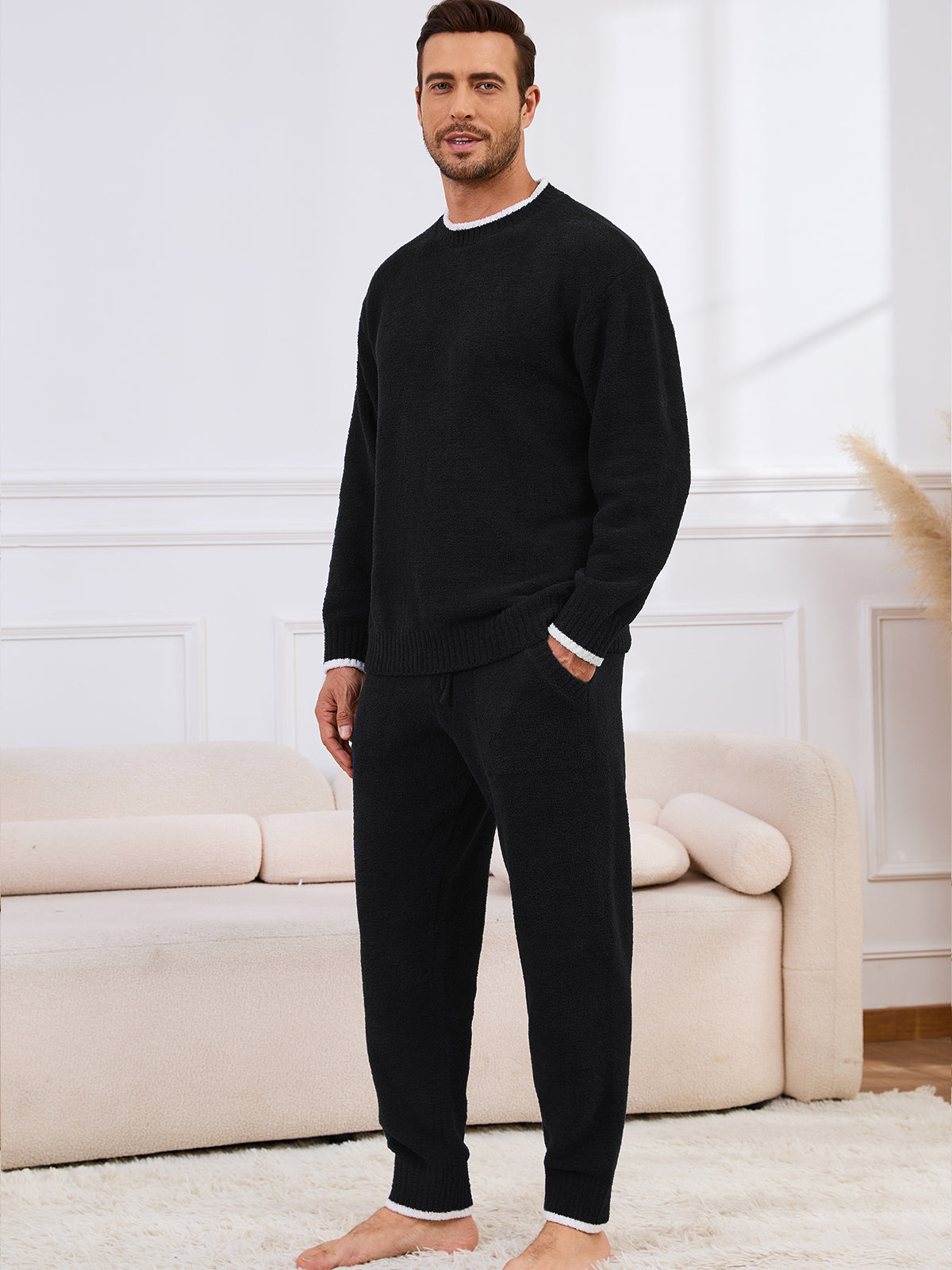 Men long sleeve crewneck knit loungewear set in Black, full body front view showcasing soft texture and casual homewear style #color_Black