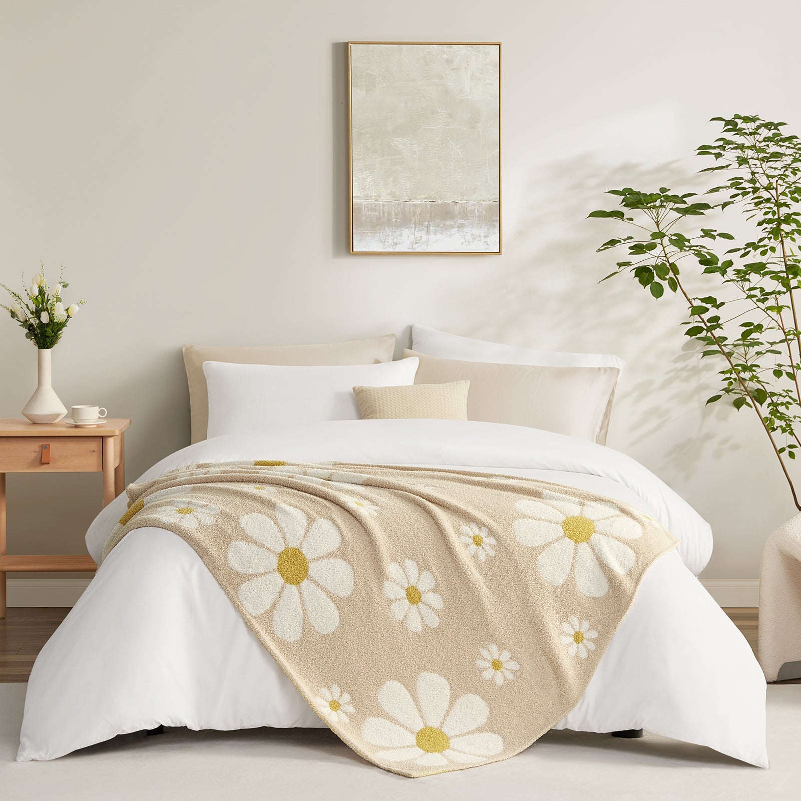Spring Floral Feather Yarn Knit Throw Blanket on a bed in a bright room with furnitures#Color_Beige