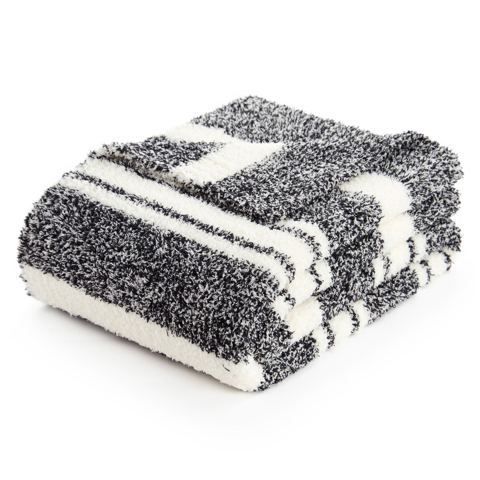 Folded Striped Feather Yarn Knit Throw Blanket#Color_Black