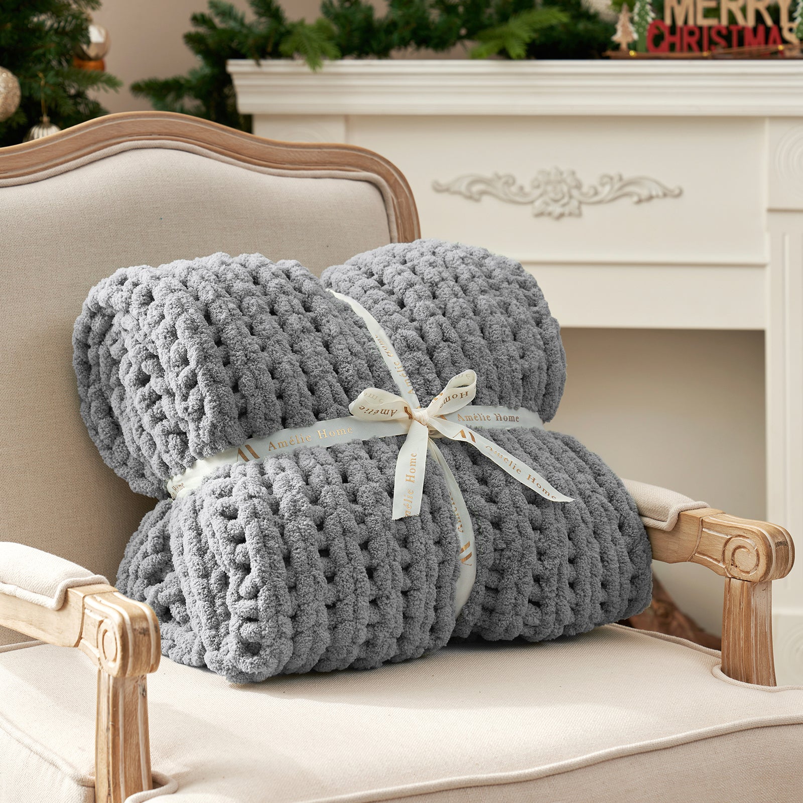 Chunky knit throw blanket in Light Grey folded with ribbon showcasing plush texture and giftable design #color_Light Grey