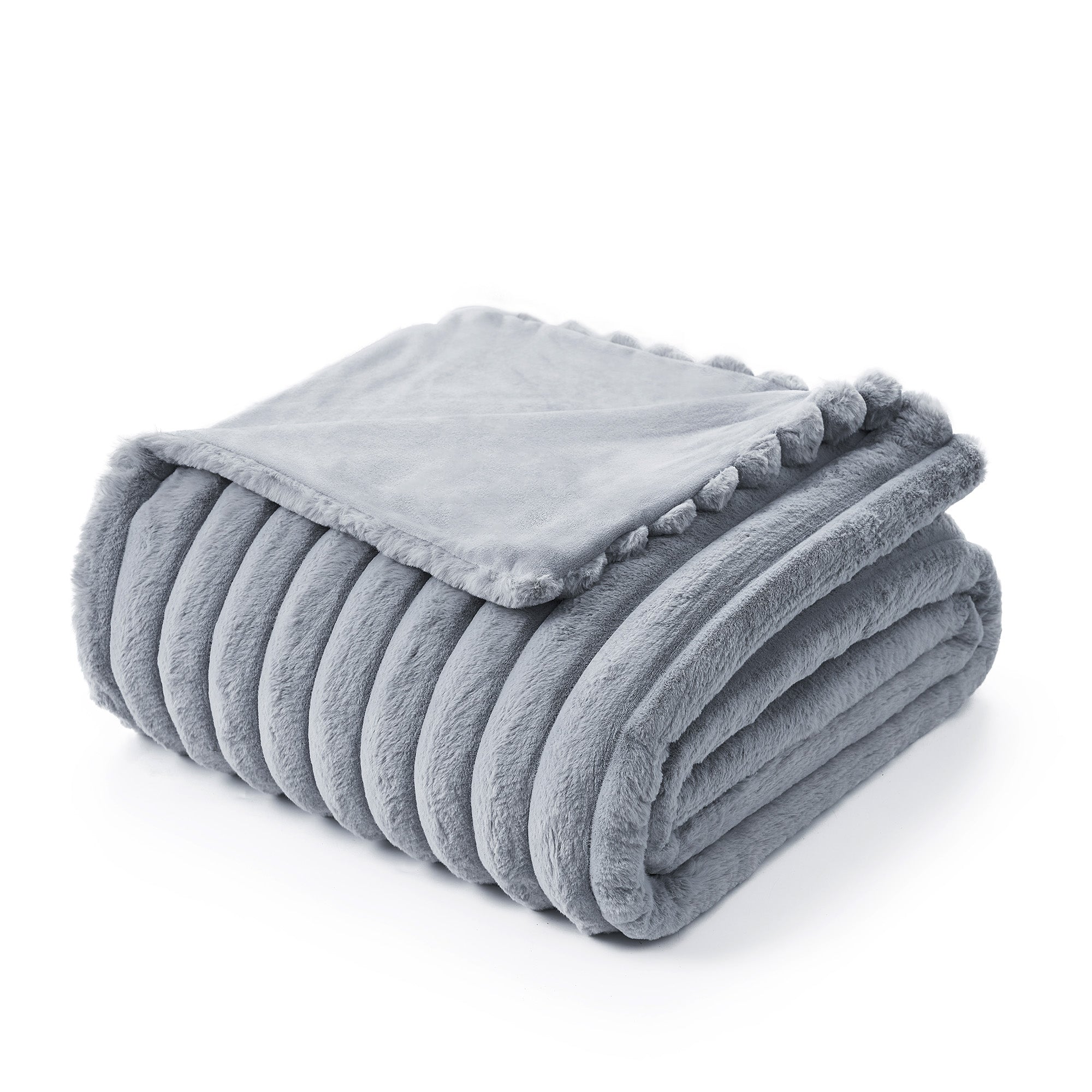 Snuggle Sac striped faux fur throw blanket in Light Grey folded front view #color_Light Grey