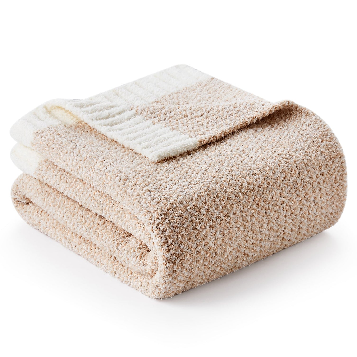 Folded Snuggle Sac Heather Feather Yarn Cream/Beige Knit Throw Blanket front view#color_Cream/Beige