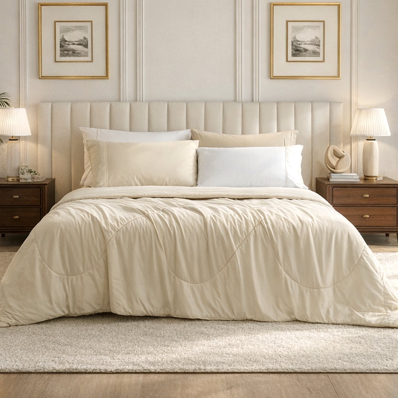 Snuggle Sac Khaki Cloud-like extra cooling comforter on bed in cozy bedroom.#Color_Khaki