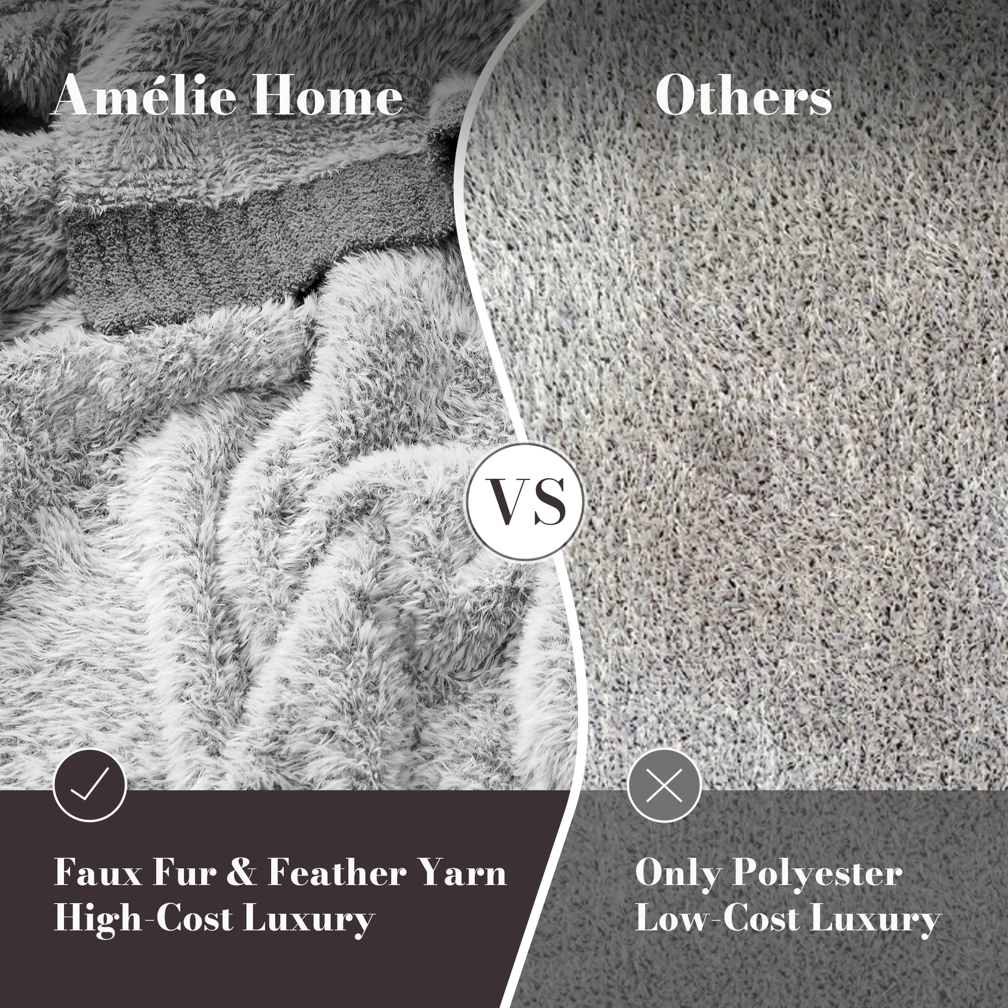 Ultrasoft faux fur knit throw blanket in Gray compared with standard polyester fabric, highlighting plush texture and luxury feel #color_Gray