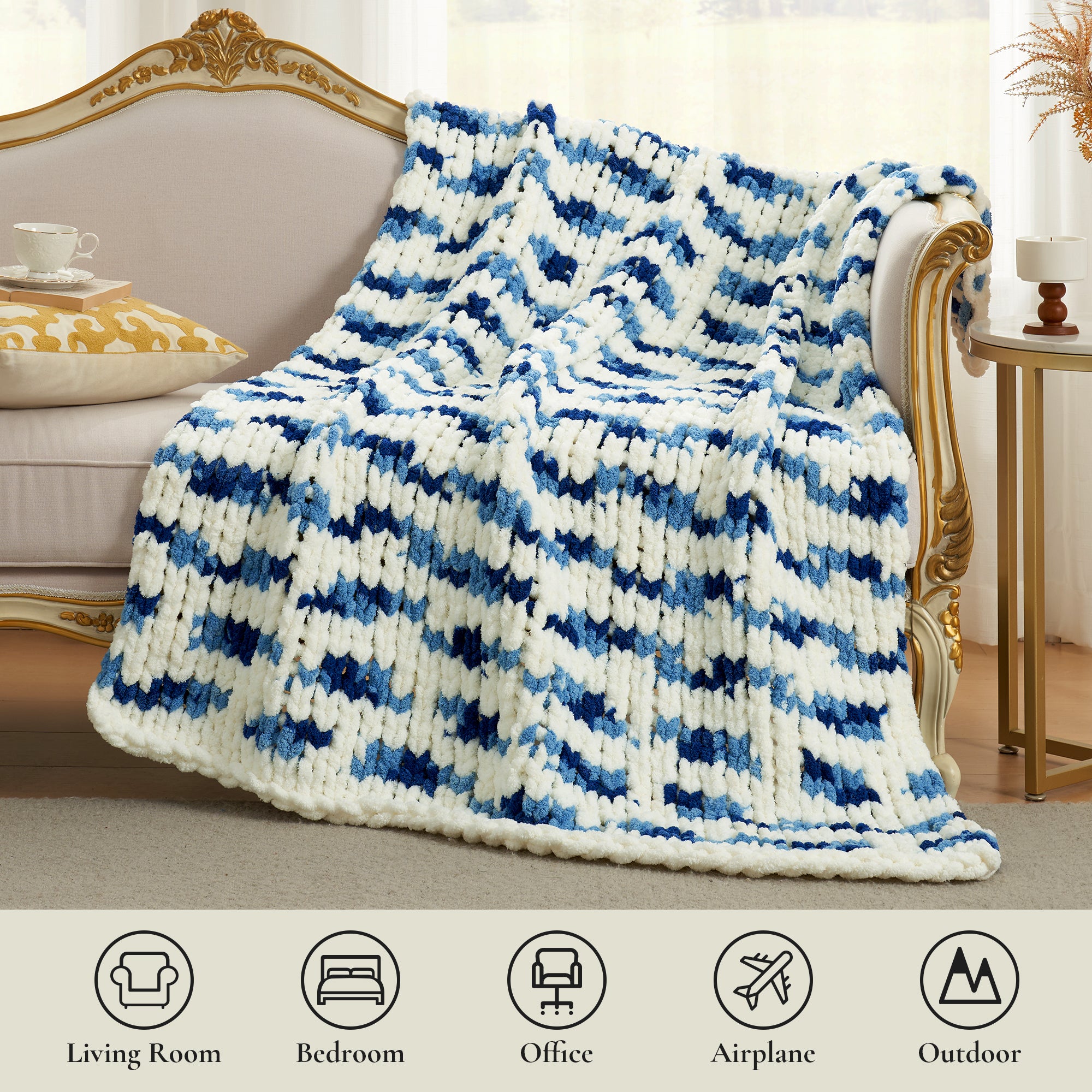 Chunky chenille knit throw blanket in Blue Stripe draped over sofa suitable for living room bedroom office and travel use #color_Blue Stripe
