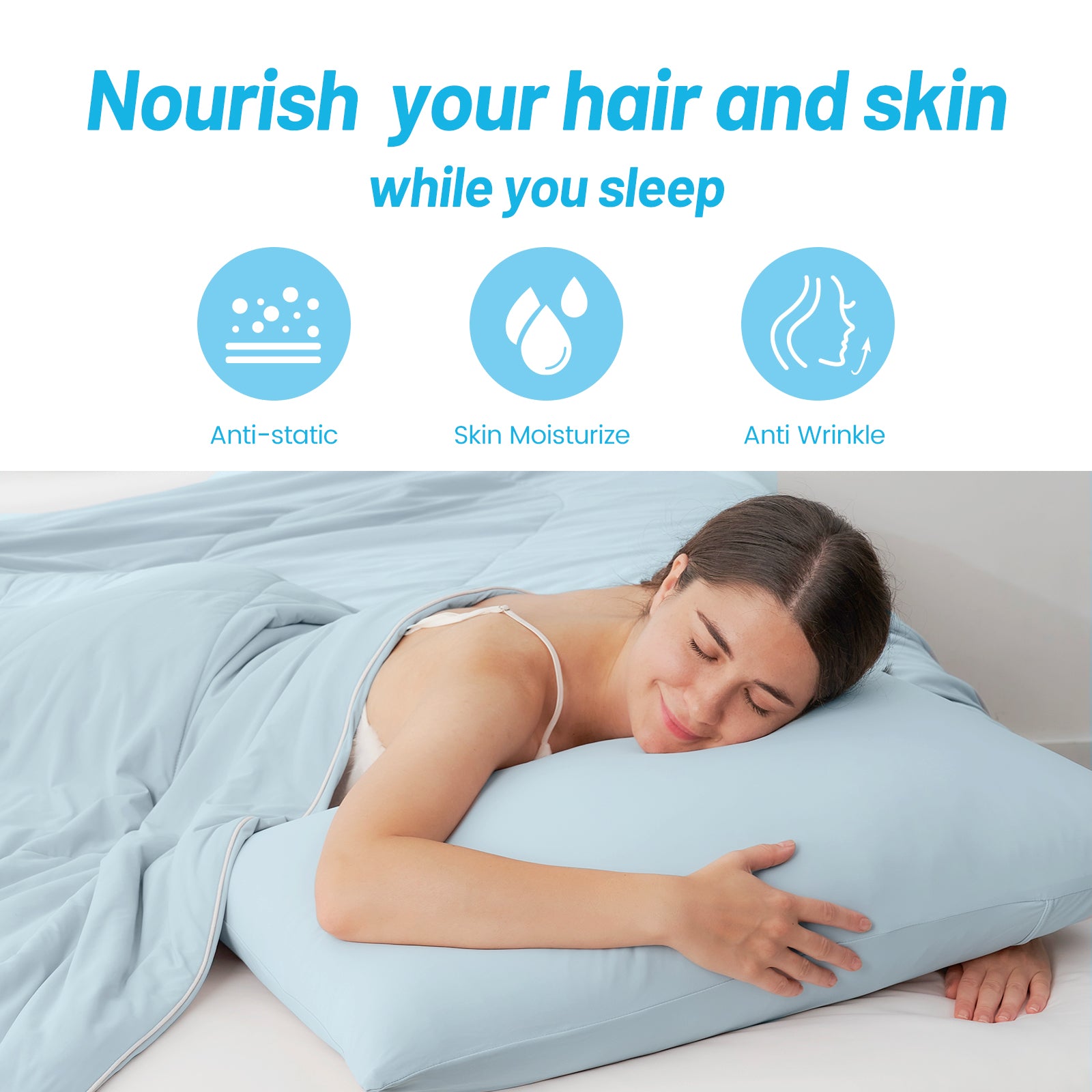 Woman sleeping on a Snuggle Sac pillow with text 'Nourish your hair and skin while you sleep' and icons for anti-static, skin moisturize, and anti-wrinkle.#Color_Blue