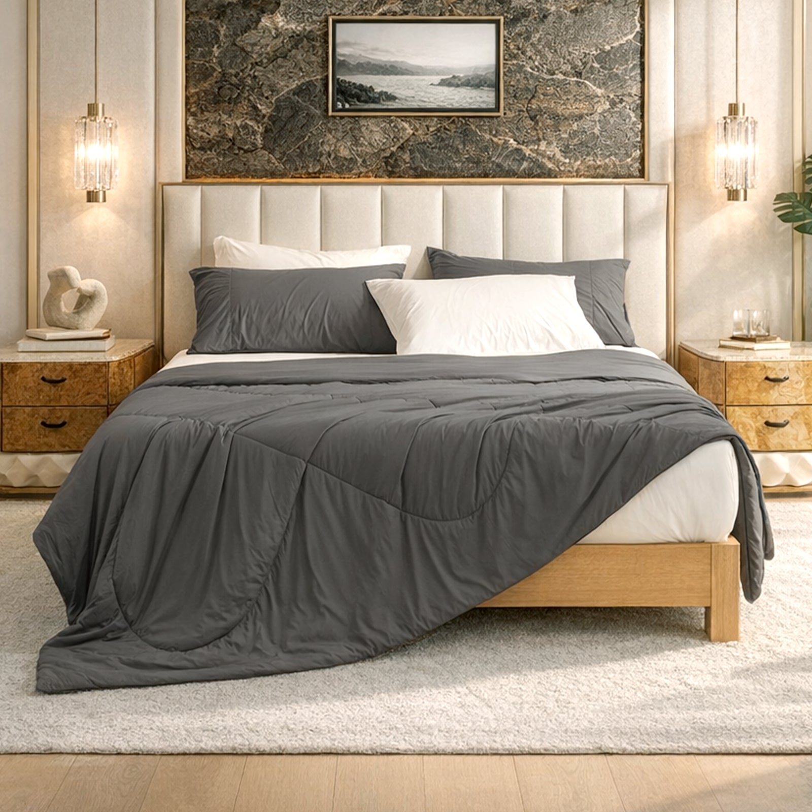 Snuggle Sac Charcoal Grey Cloud-like extra cooling comforter on bed in cozy bedroom.#Color_Charcoal Grey
