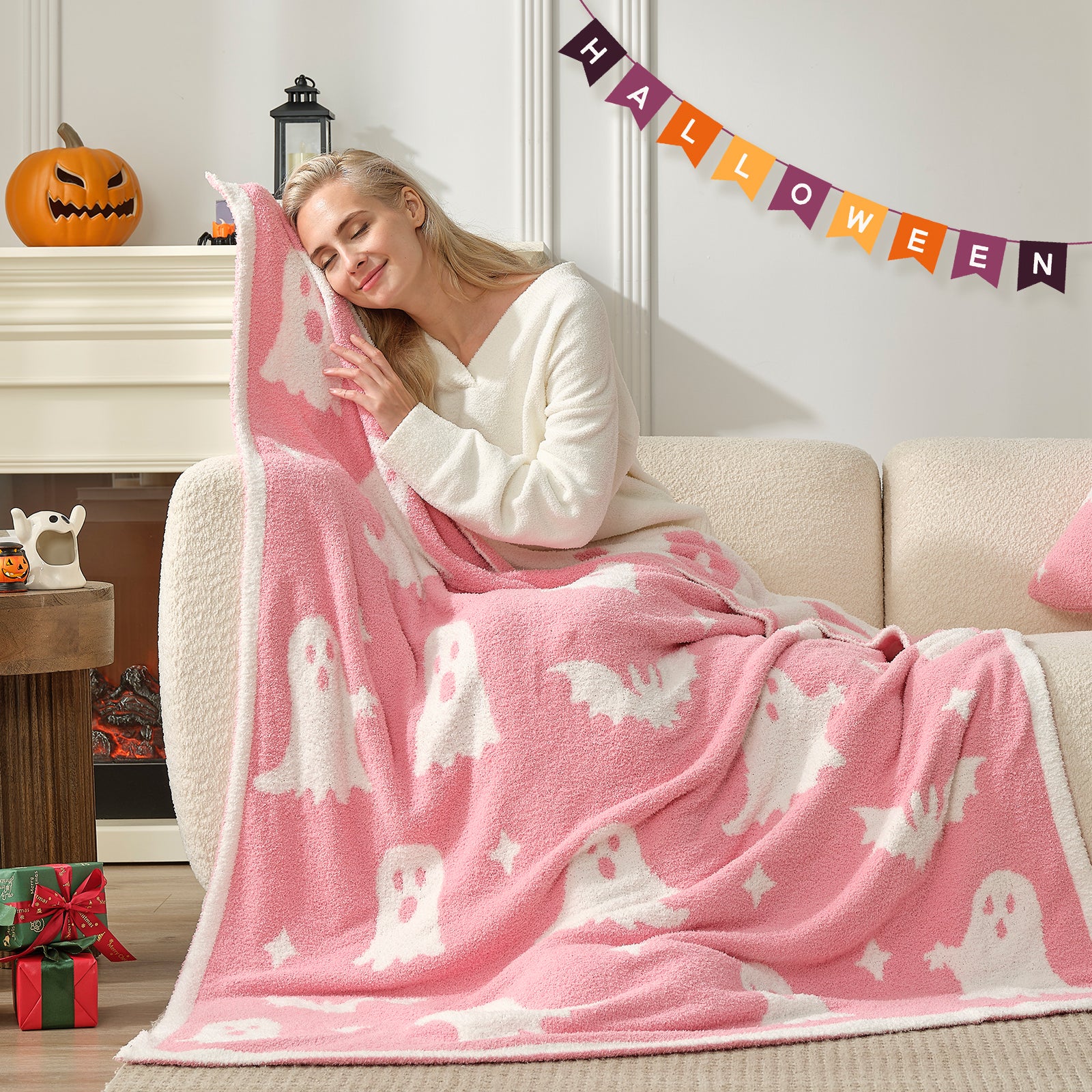 MochiSoft™ Reversible Pink Ghost Throw Blanket