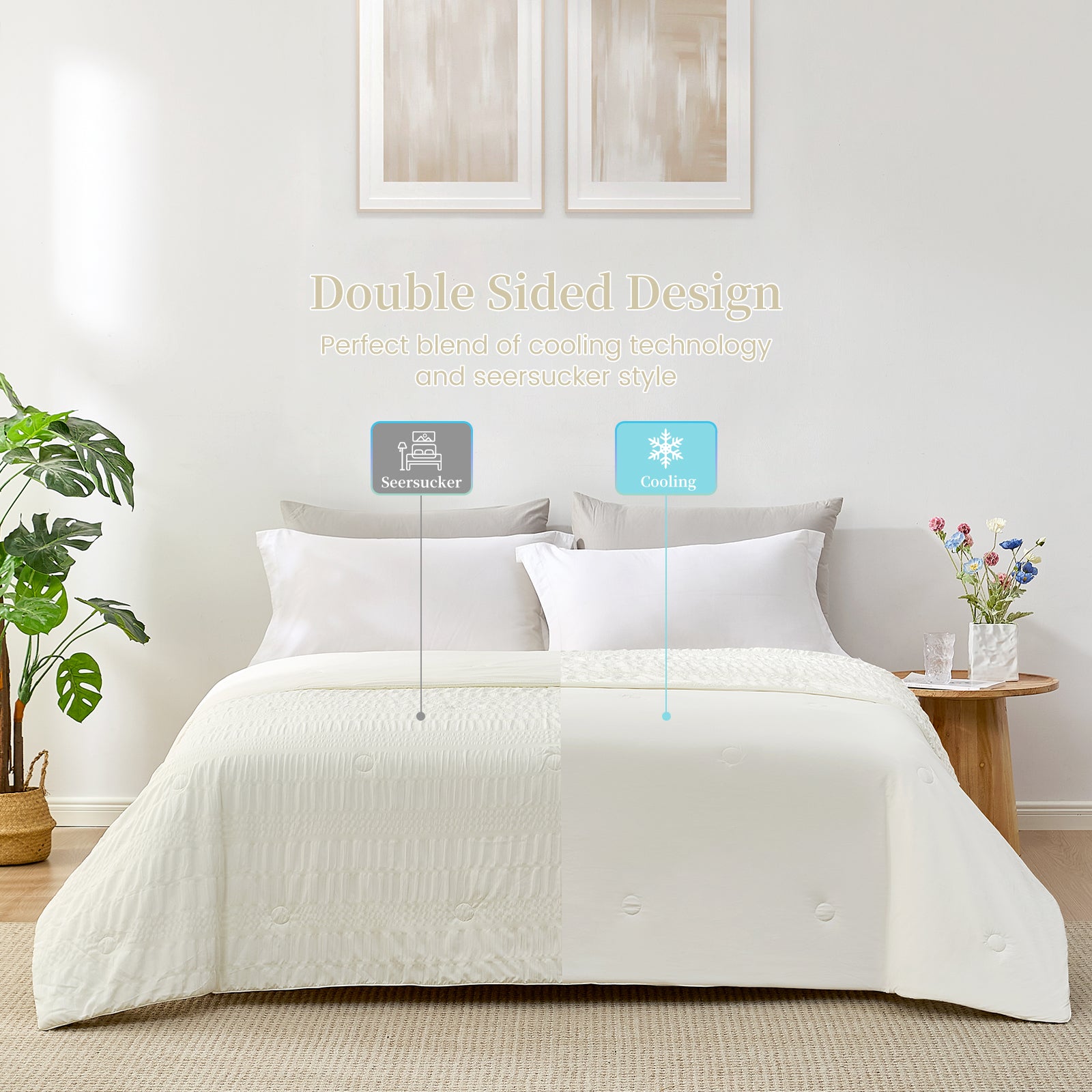 Snuggle Sac Cooling comforter with double design in white on bed in a bedroom with plants#color_White