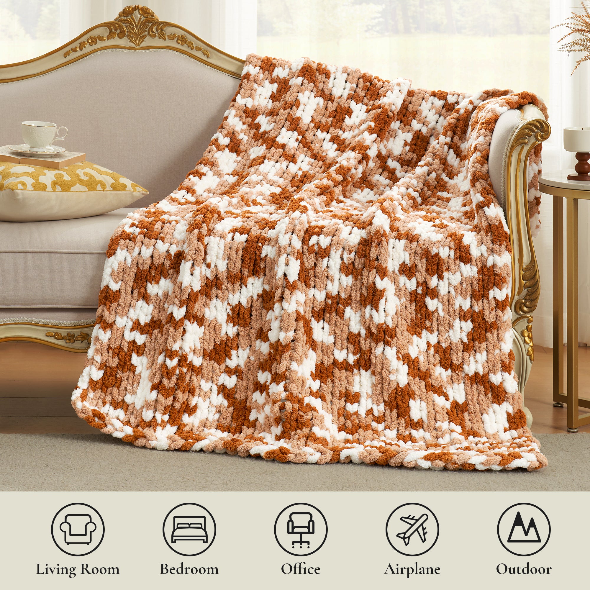 Chunky chenille knit throw blanket in Burnt Orange draped over sofa suitable for living room bedroom office and travel use #color_Burnt Orange