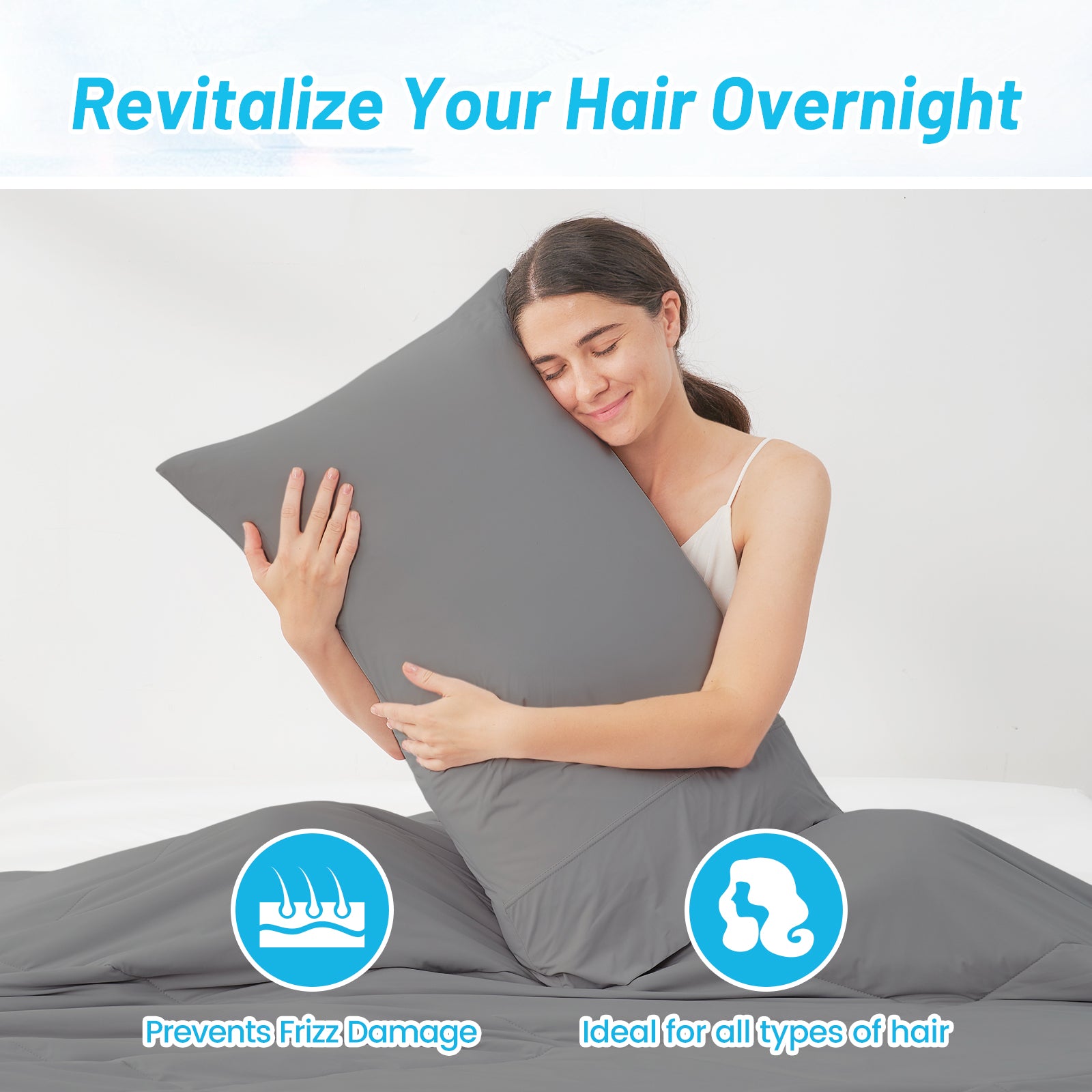Woman hugging a grey Snuggle Sac pillow with text 'Revitalize Your Hair Overnight' and icons indicating benefits.#Color_Dark Grey