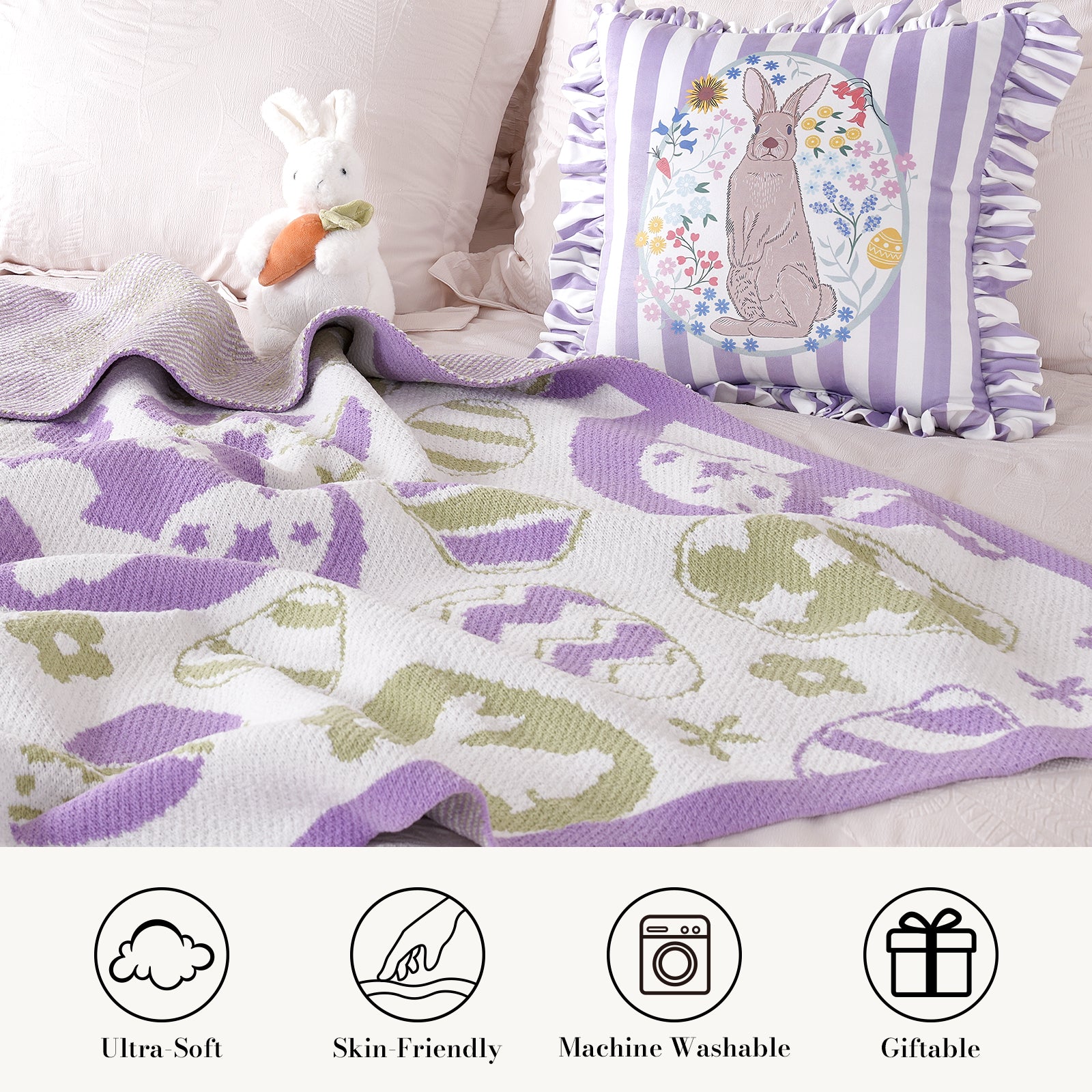 Soft, skin friendly and machine washable chenille knit throw blanket in purple with Easter pattern #color_Purple