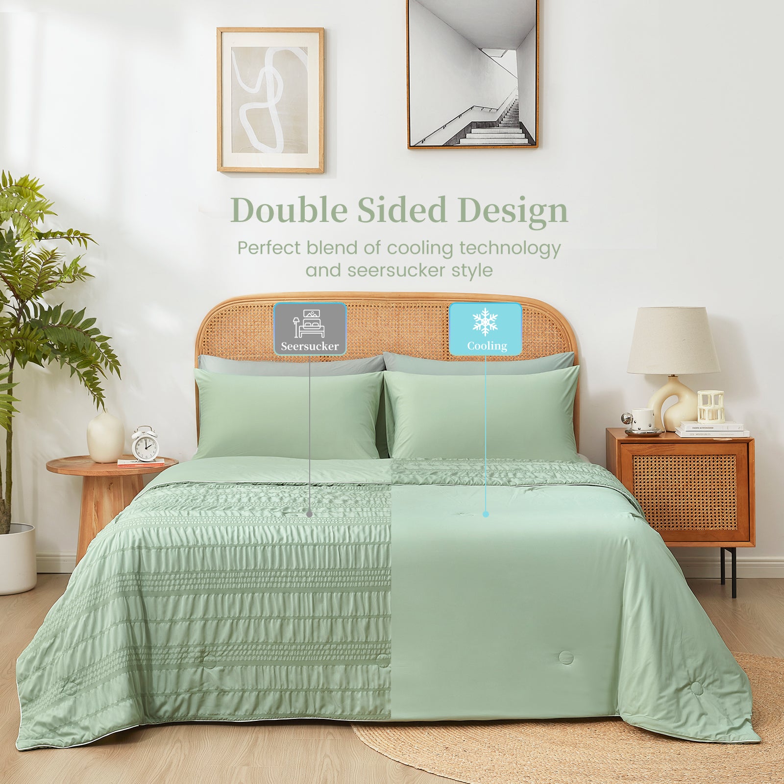 Snuggle Sac Cooling comforter with double design in sage green on bed in a bedroom with plants#color_Sage Green