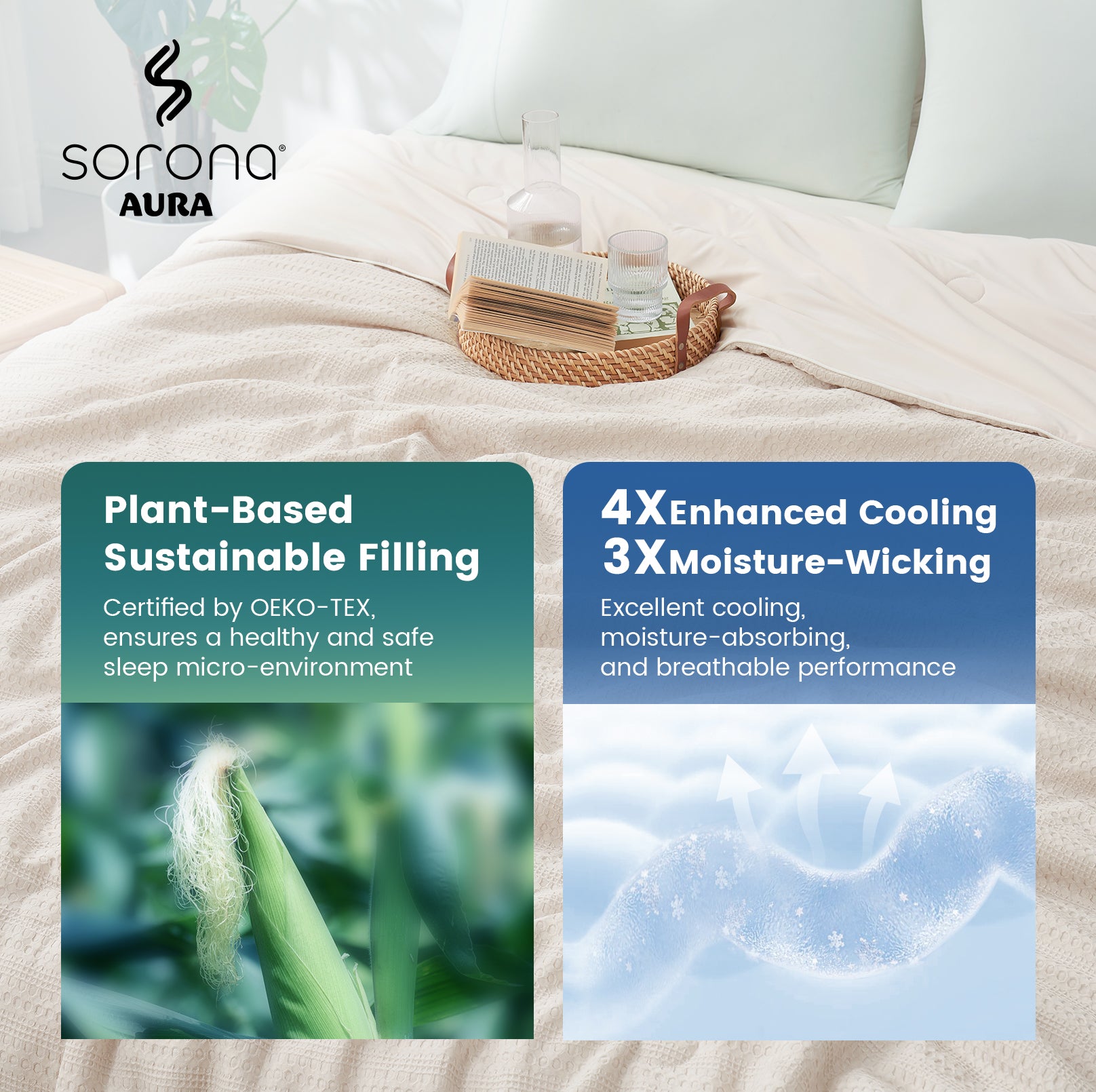 Bed with Sorona Aura bedding, highlighting plant-based filling and cooling properties.#color_Beige