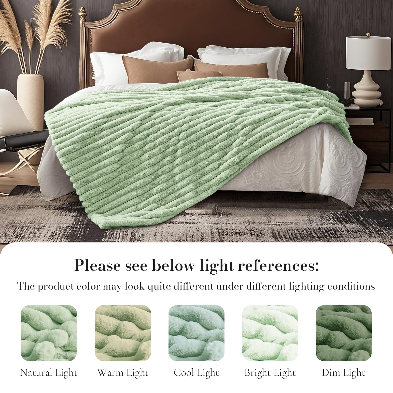 Striped faux fur throw blanket in Sage Green displayed on bed with lighting reference, showing color variations under different lighting conditions #color_Sage Green
