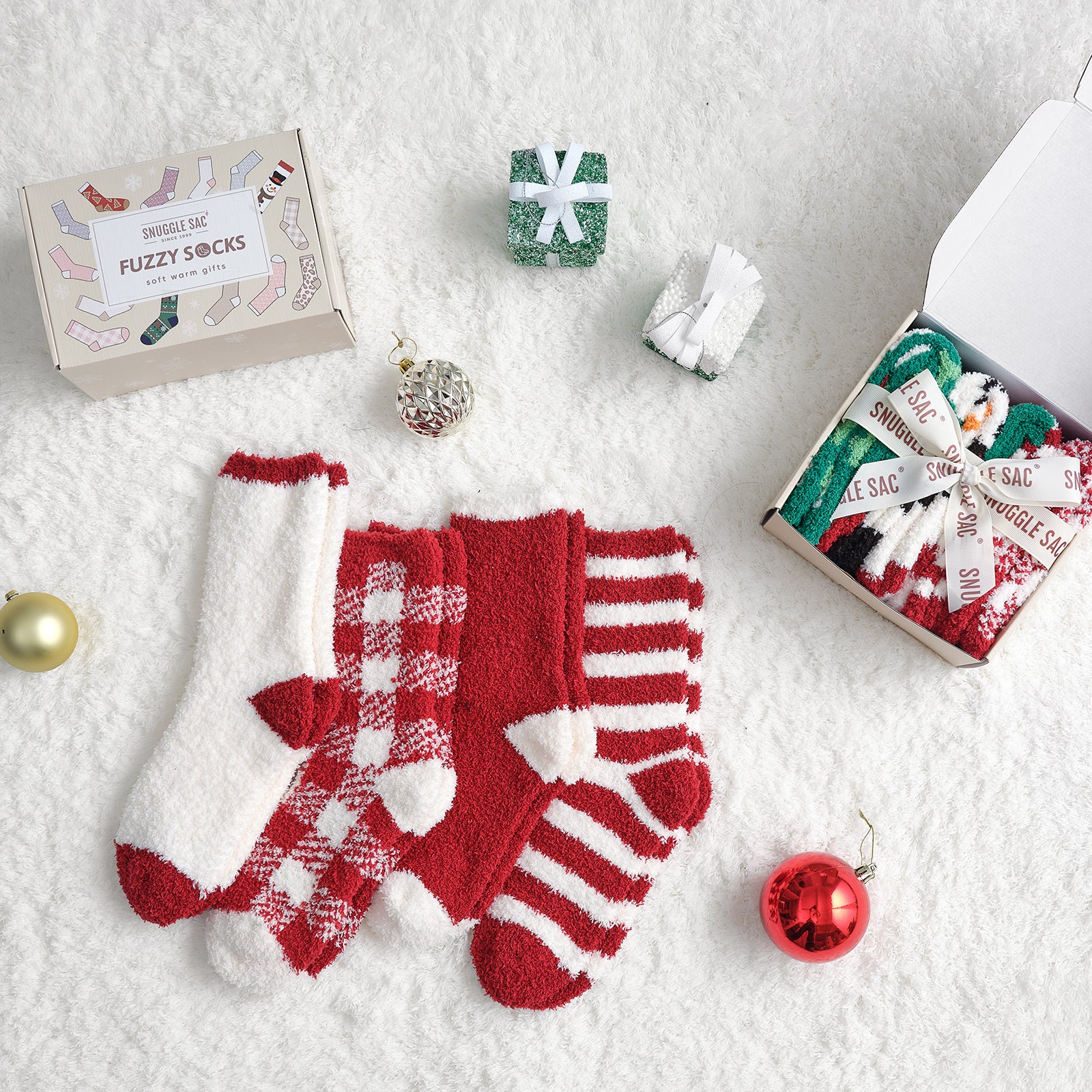 Snuggle Sac women checkered and striped socks 4 pairs in Red displayed in a cozy holiday gift setting #color_Red