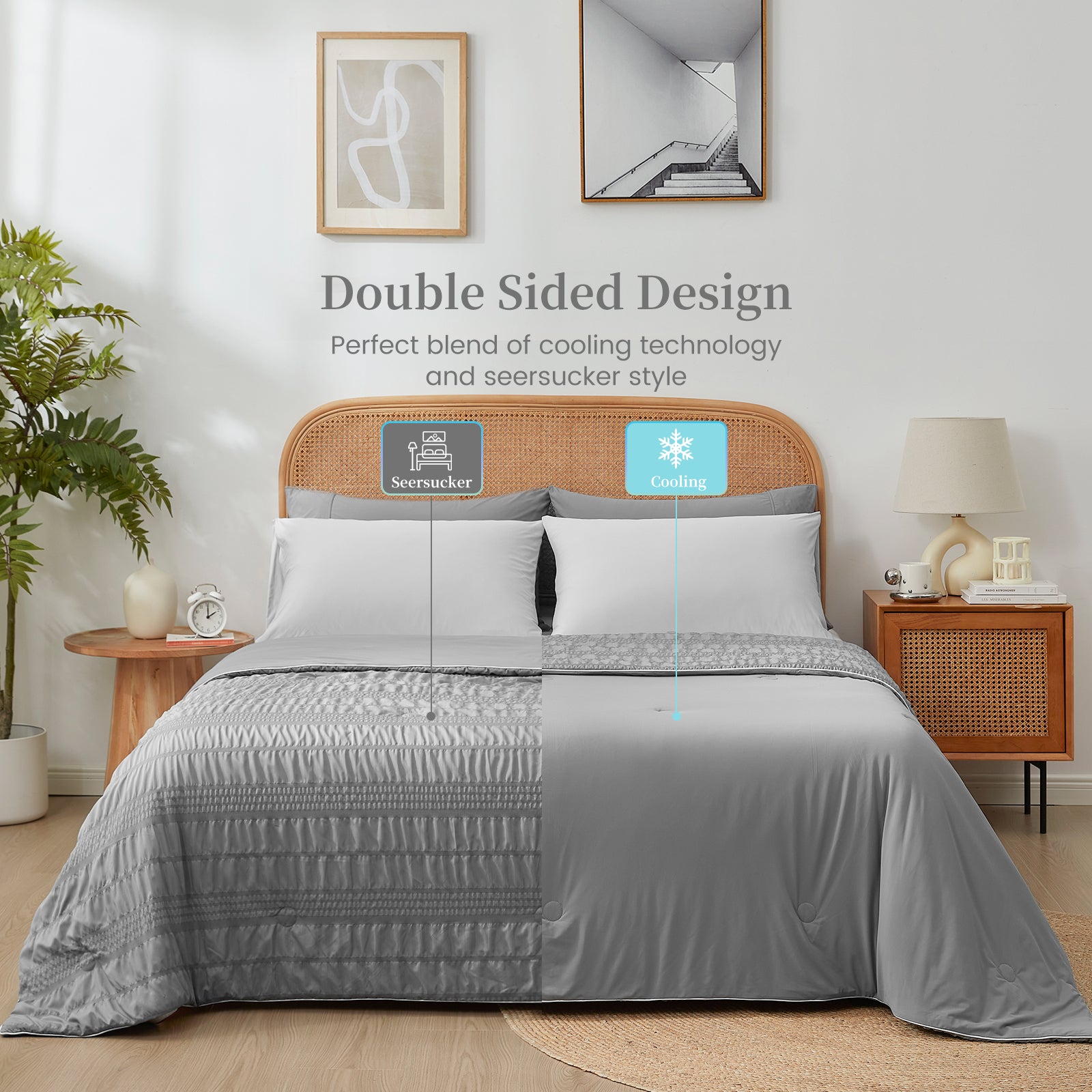 Snuggle Sac Cooling comforter with double design in dark grey on bed in a bedroom with plants#color_Dark Grey
