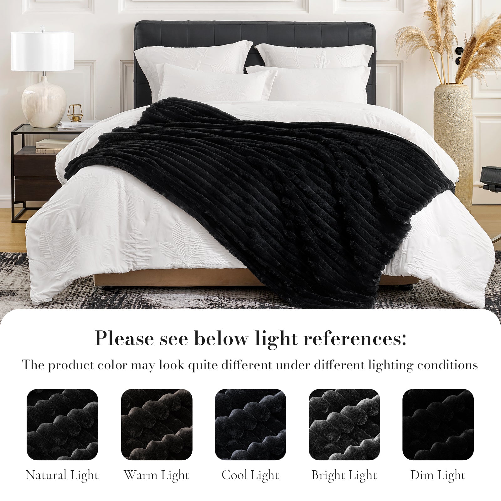 Striped faux fur throw blanket in Black displayed on bed with lighting reference, showing color variations under different lighting conditions #color_Black