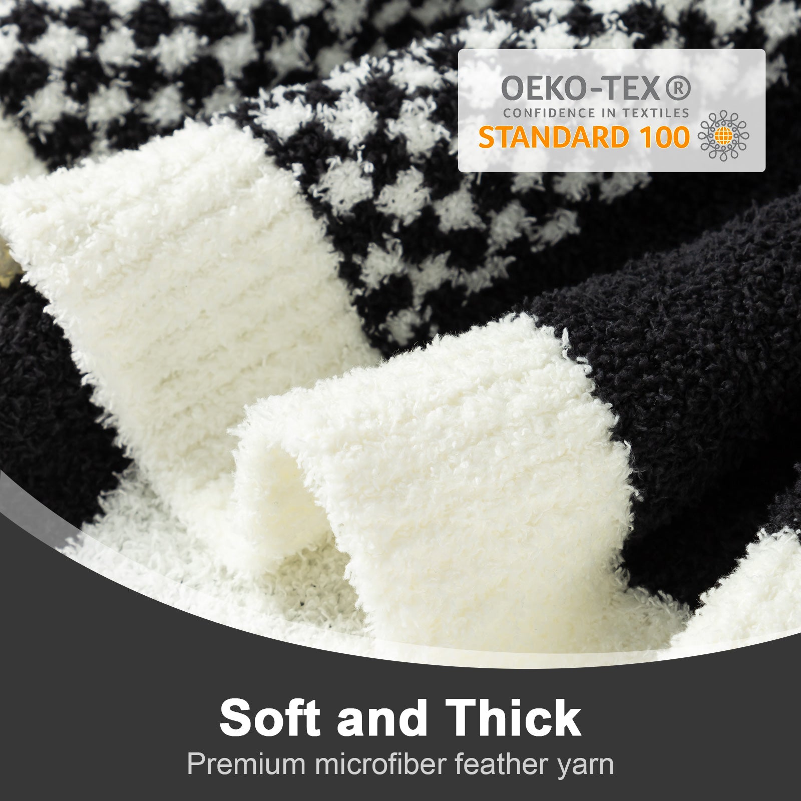 Close up of Snuggle Sacs Checkered Feather Yarn Knit Throw Blanket with OEKO-TEX Certificate#color_Black White