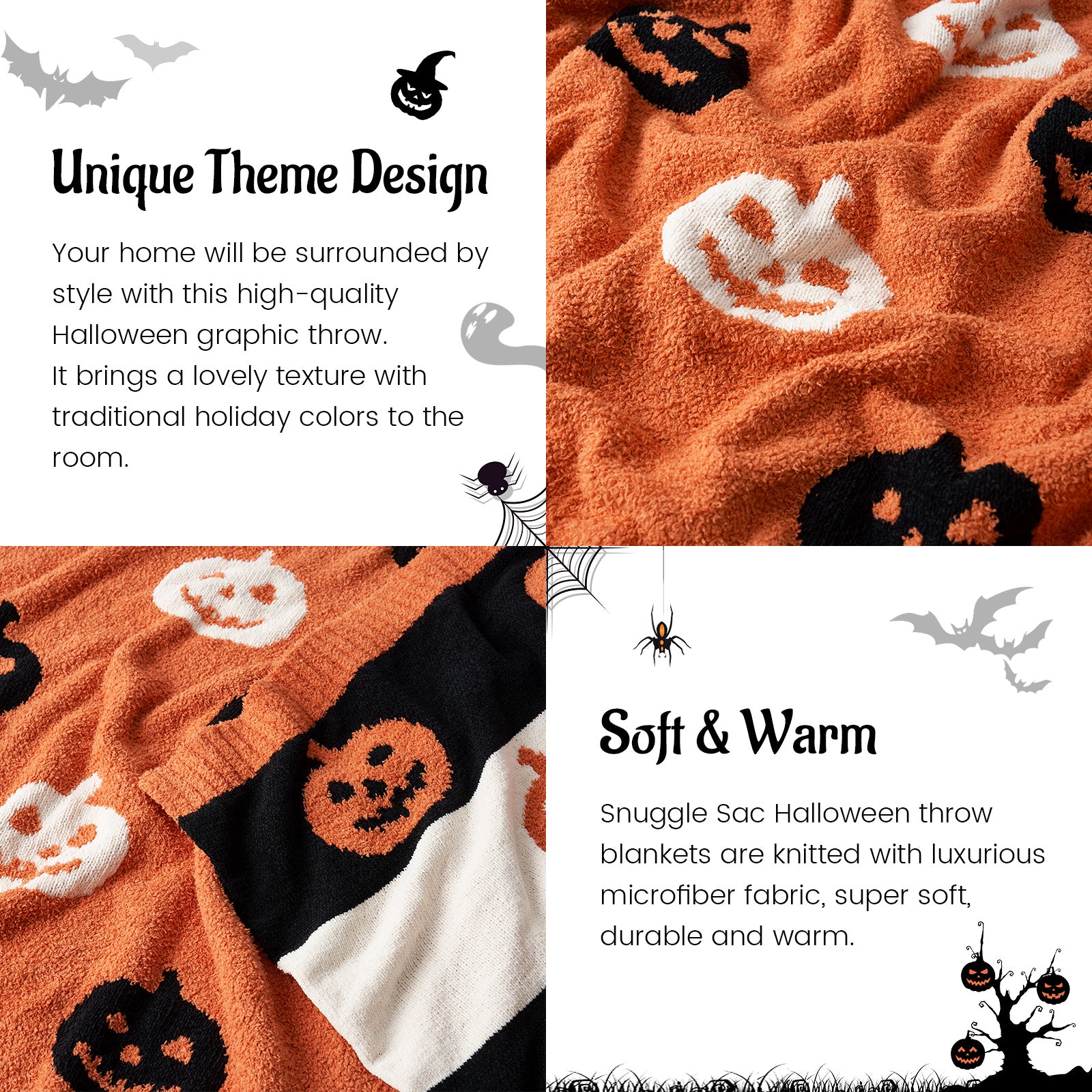 MochiSoft™ Reversible Pumpkin Bat Throw Blanket