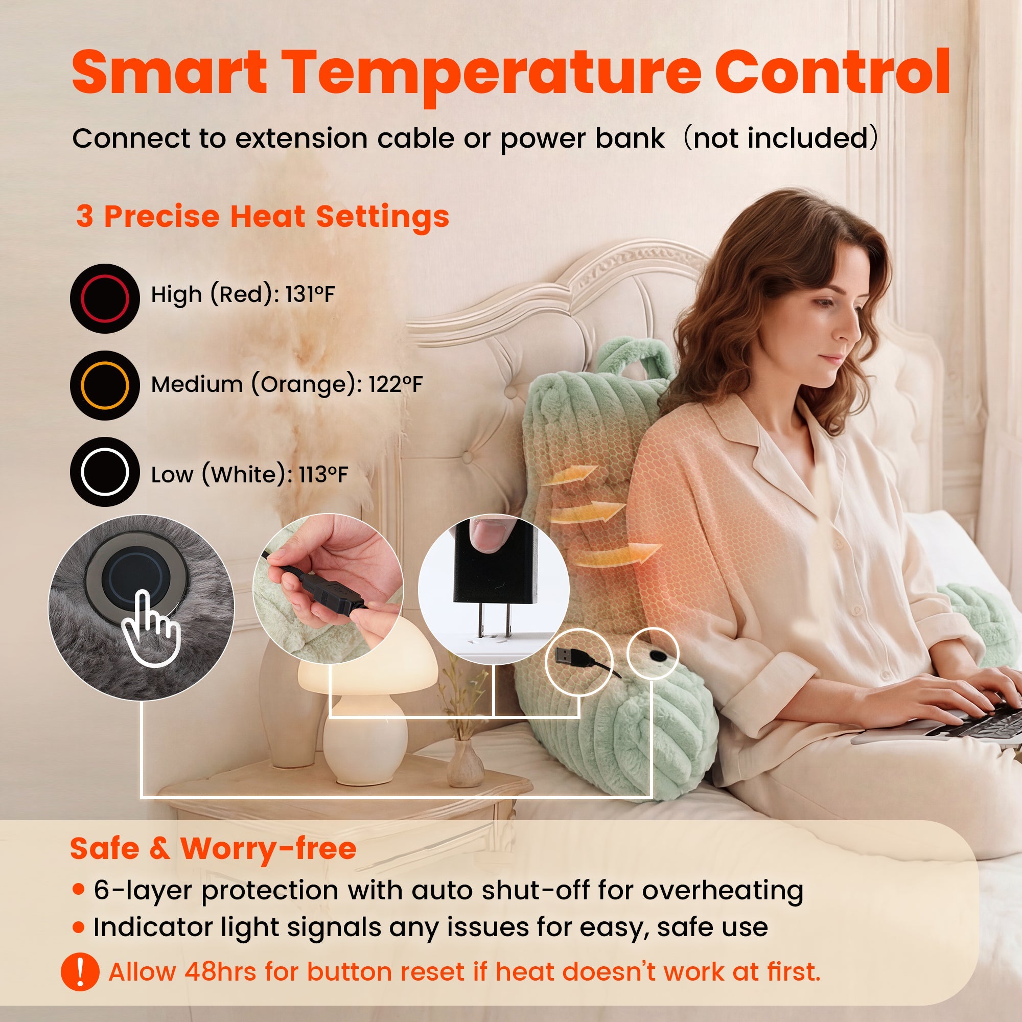 A woman laying on the Snuggle Sac Heated Faux Fur Backrest Reading Pillow in sage green featuring the smart temperature control#color_Sage Green
