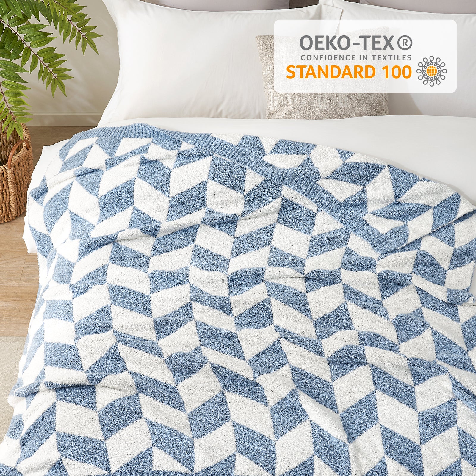Close up of Snuggle Sacs Chevron Feather Yarn Knit Throw Blanket with OEKO-TEX Certificate#color_Blue