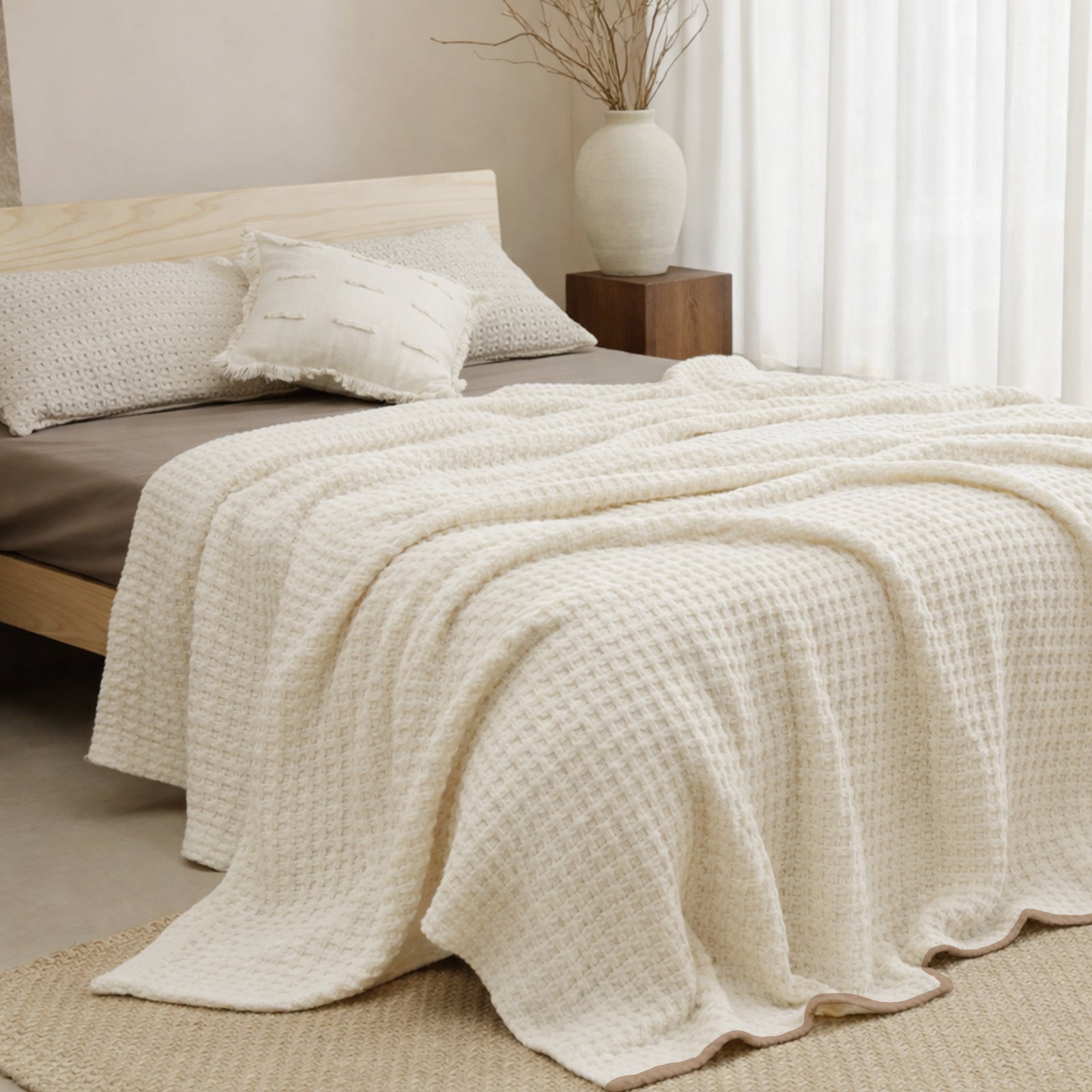  Soft Waffle Feather Yarn Knit Throw Blanket on the bed with vase of plant and furniture#Color_Cream