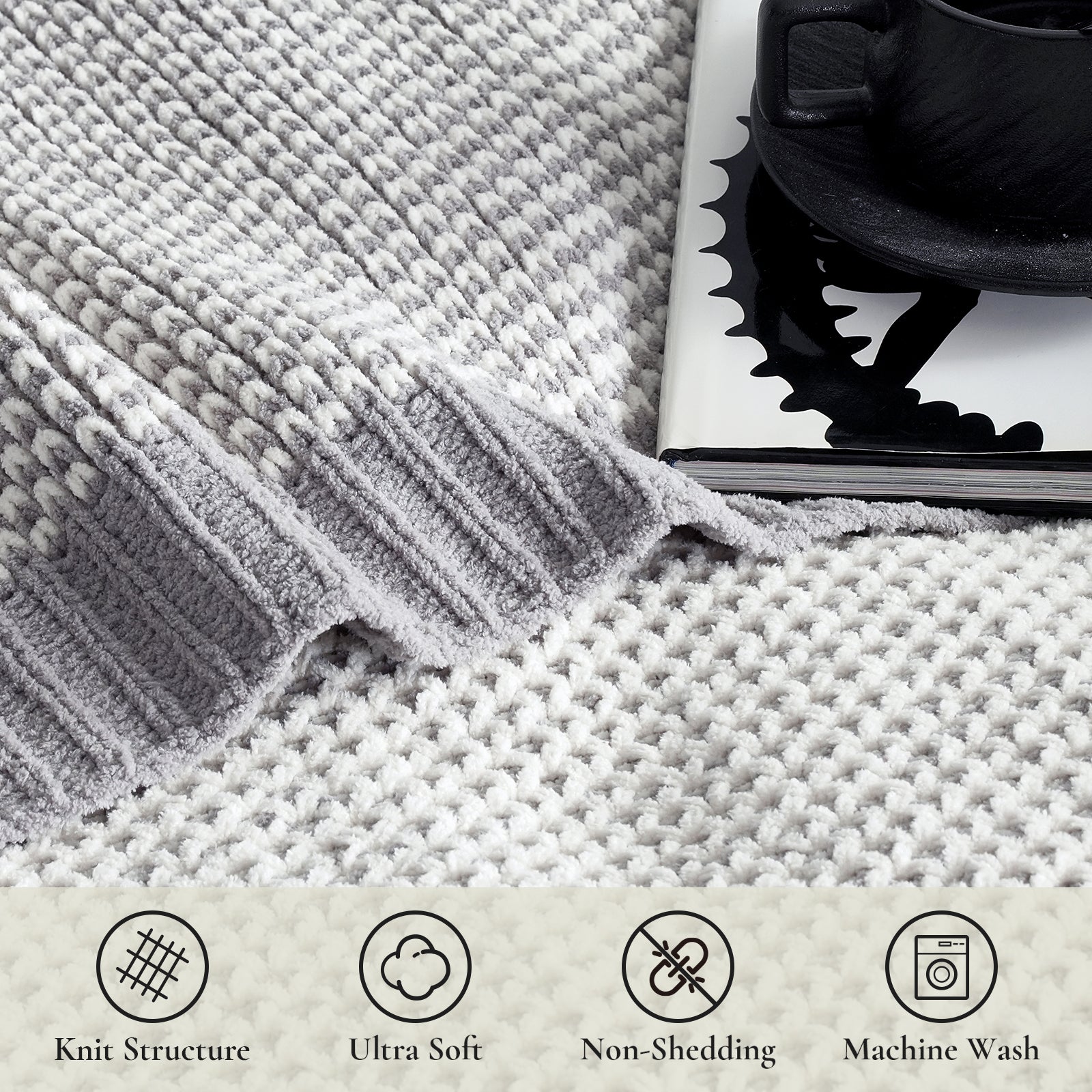 Two tone honeycomb chenille knit throw blanket in Grey and White close up showing knit structure ultra soft touch non shedding and machine washable features #color_Grey