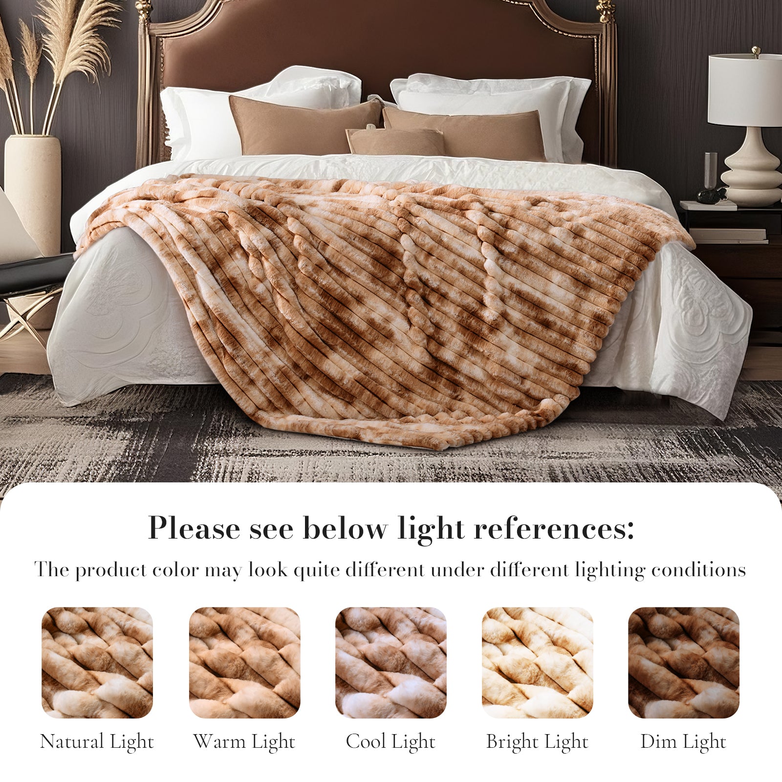 Striped faux fur throw blanket in Tie-dye Khaki displayed on bed with lighting reference, showing color variations under different lighting conditions #color_Tie-dye Khaki