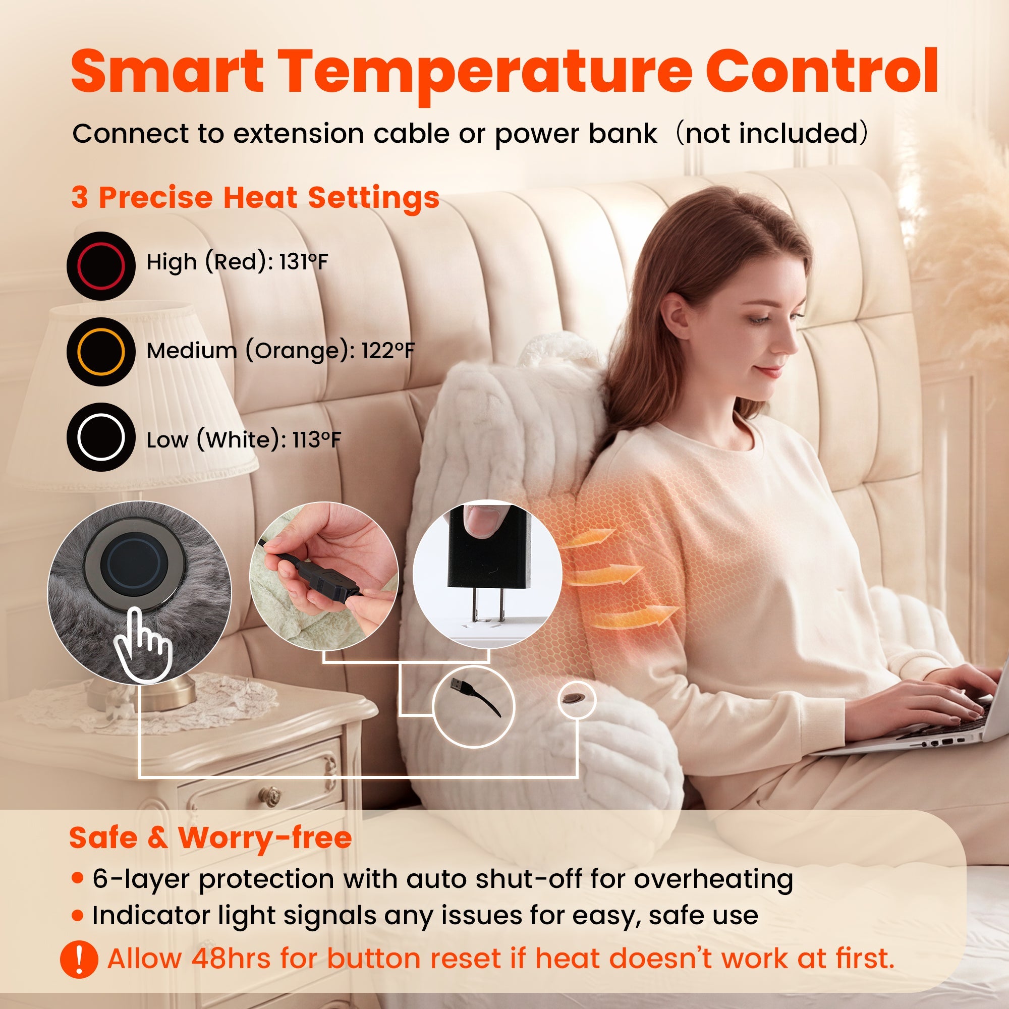 A woman laying on the Snuggle Sac Heated Faux Fur Backrest Reading Pillow in ivory featuring the smart temperature control#color_Ivory