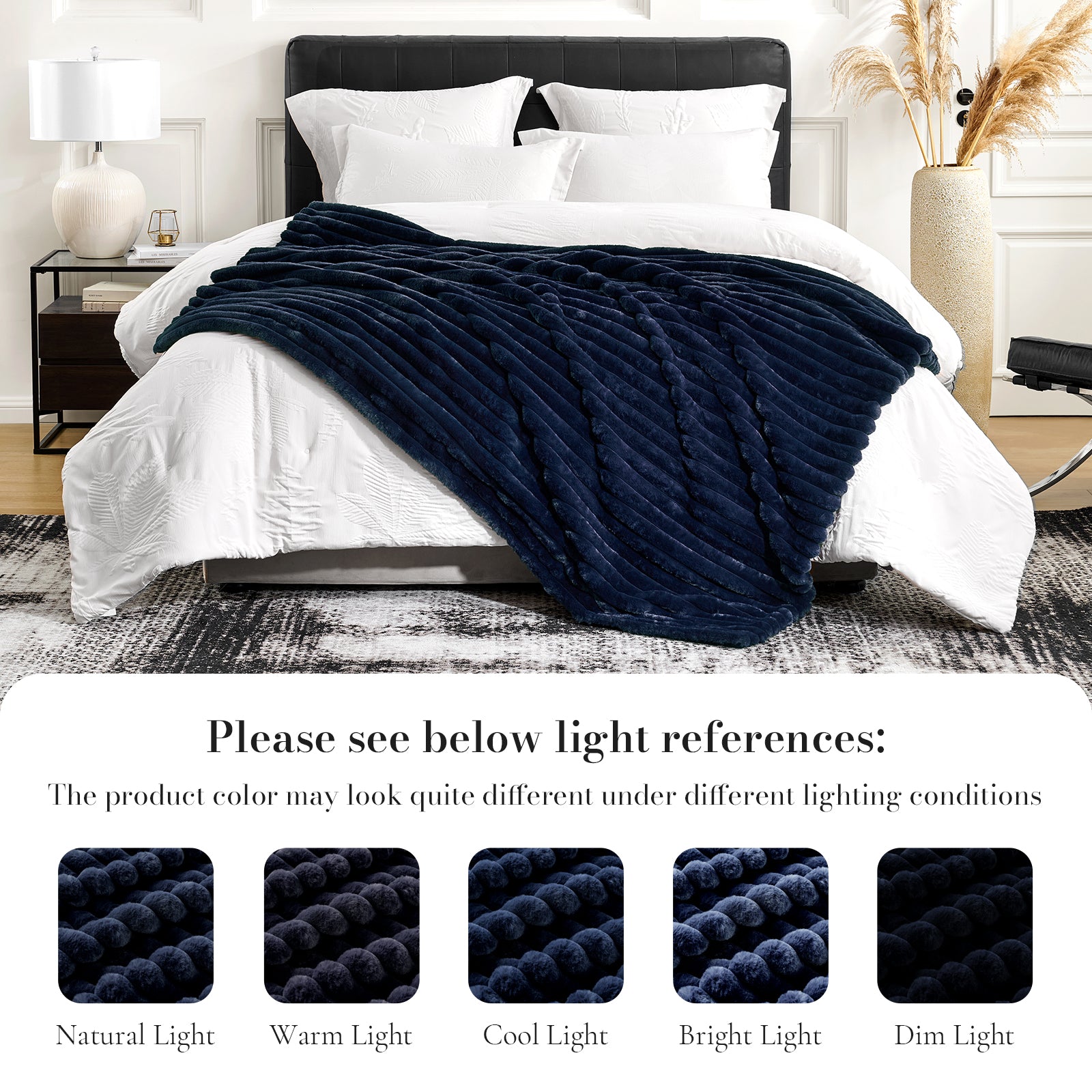 Striped faux fur throw blanket in Navy Blue displayed on bed with lighting reference, showing color variations under different lighting conditions #color_Navy Blue