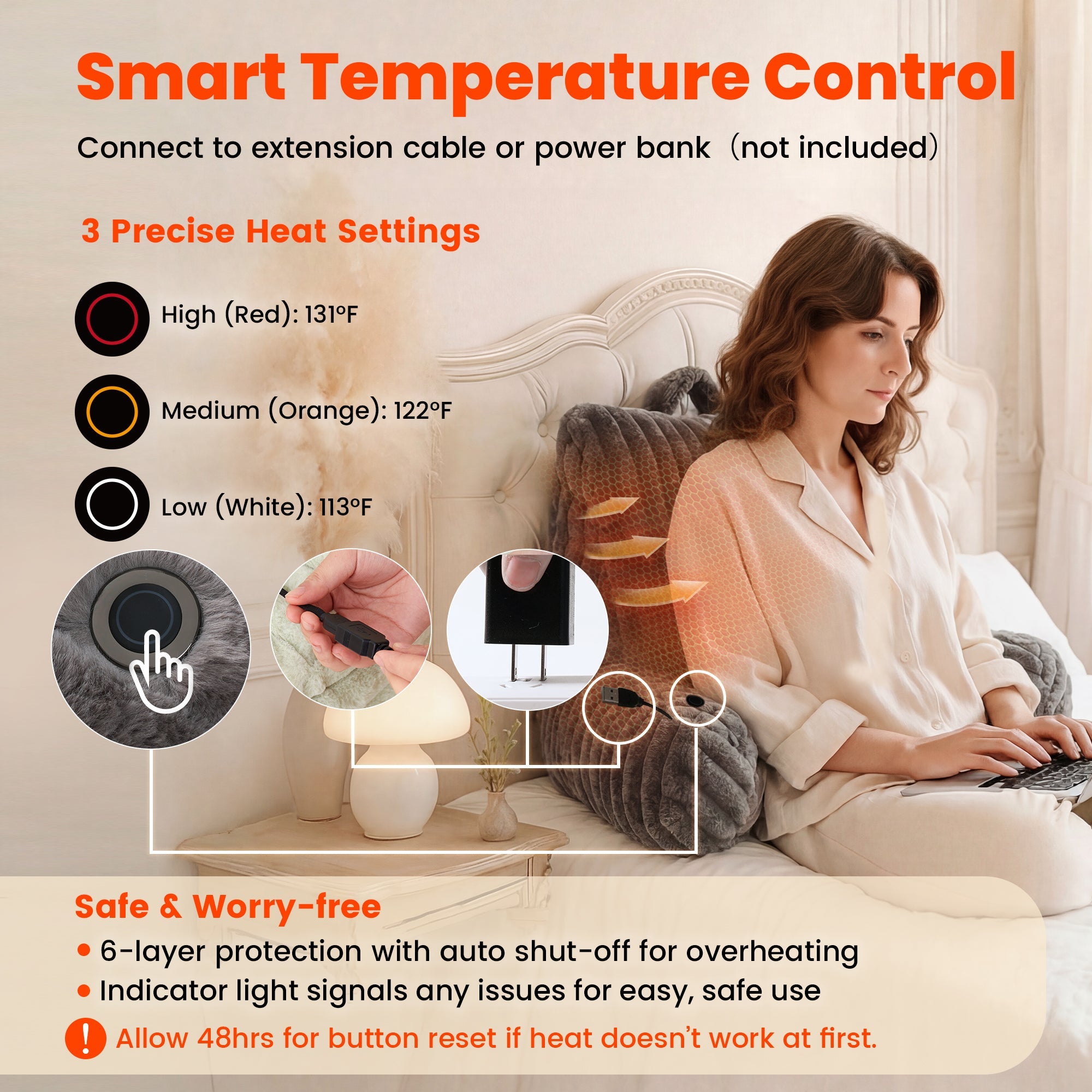 A woman laying on the Snuggle Sac Heated Faux Fur Backrest Reading Pillow in grey featuring the smart temperature control#color_Grey