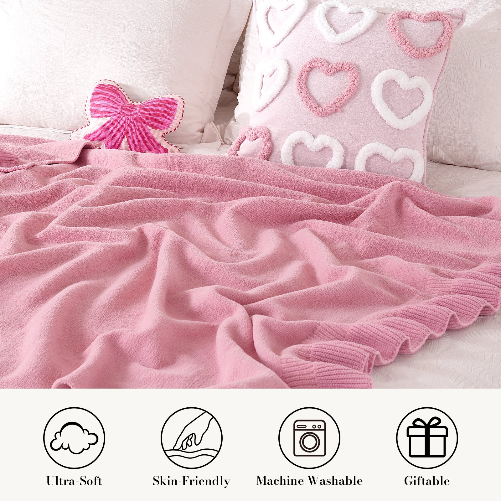 Ruffle chenille knit throw blanket in Pink displayed on bed, highlighting ultra soft feel, skin friendly fabric, machine washable and giftable features #color_Pink
