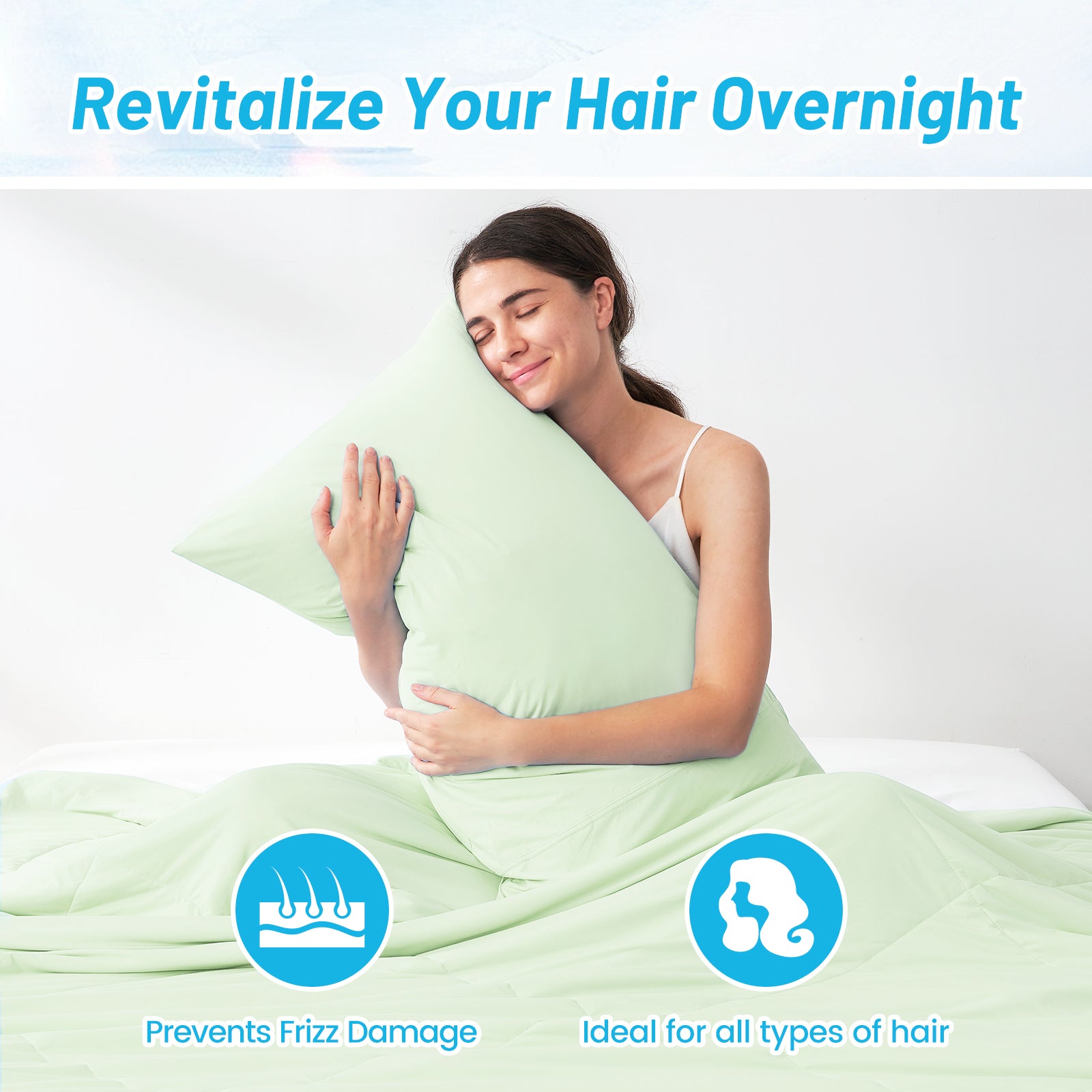 Woman holding a green Snuggle Sac pillow with text about hair care benefits.#Color_Green