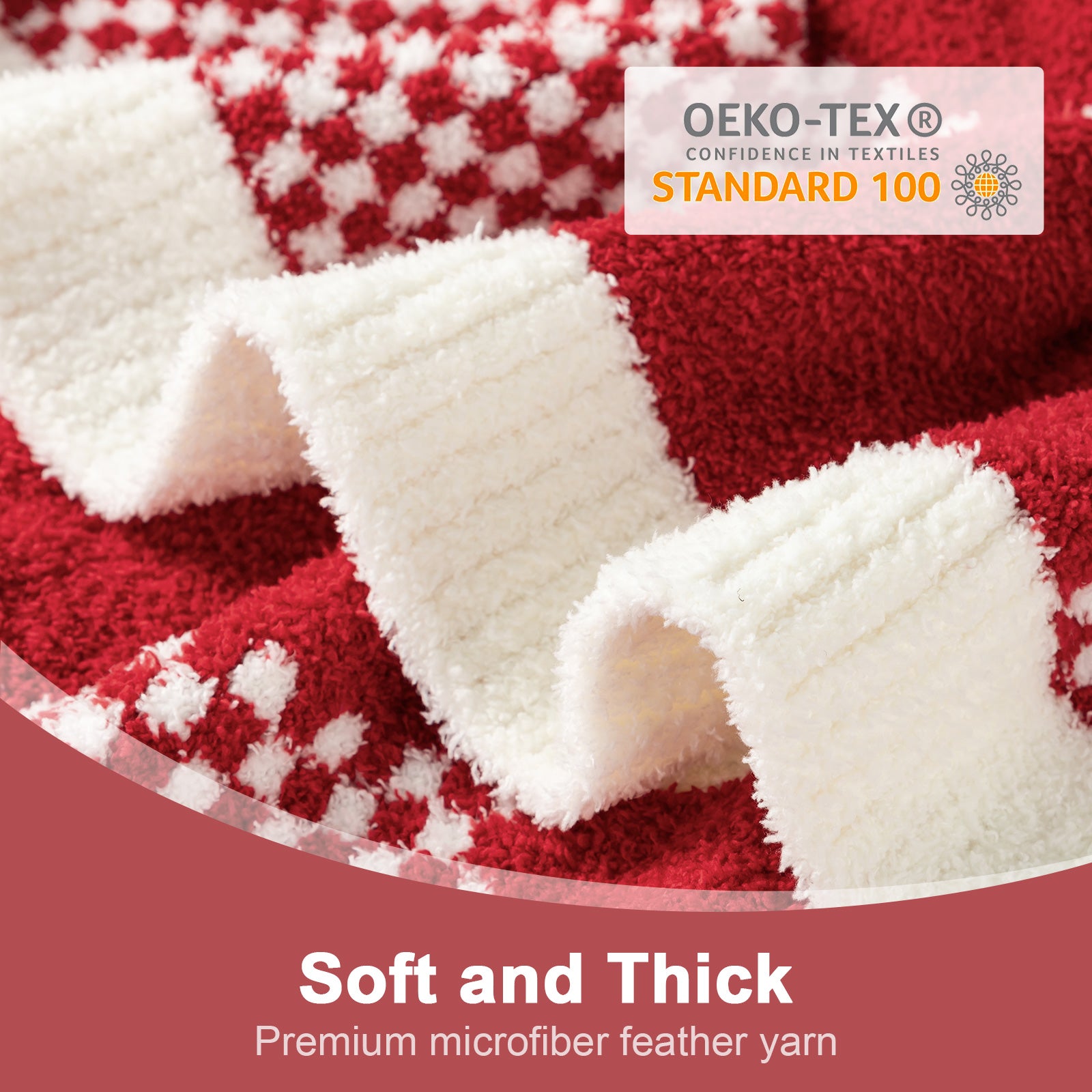 Close up of Snuggle Sacs Checkered Feather Yarn Knit Throw Blanket with OEKO-TEX Certificate#color_Red White