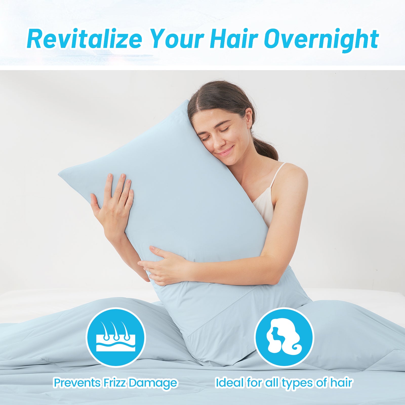Woman holding a blue Snuggle Sac pillow with text about hair care benefits.#Color_Blue