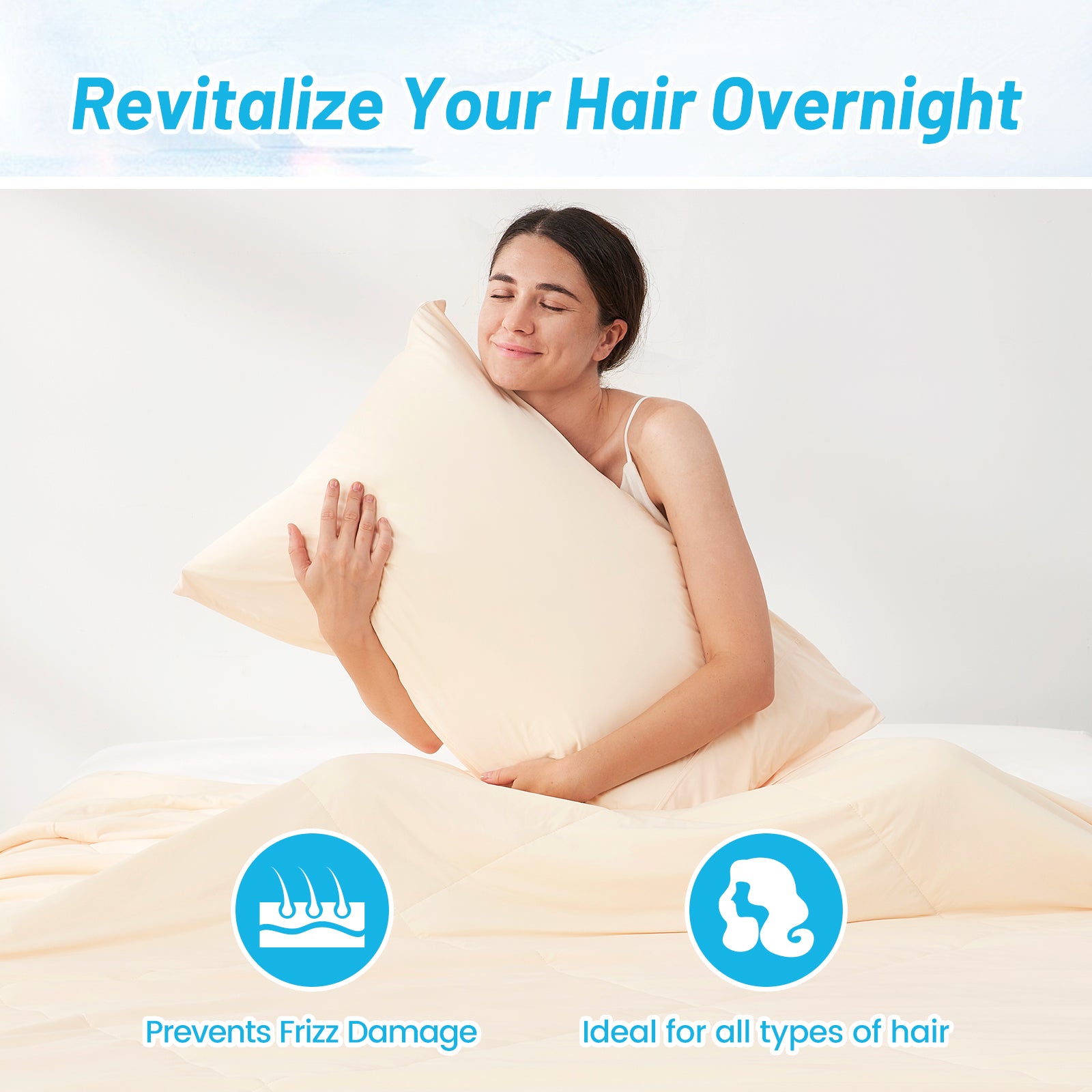 Woman holding a yellow Snuggle Sac pillow with text about hair care benefits.#Color_Yellow