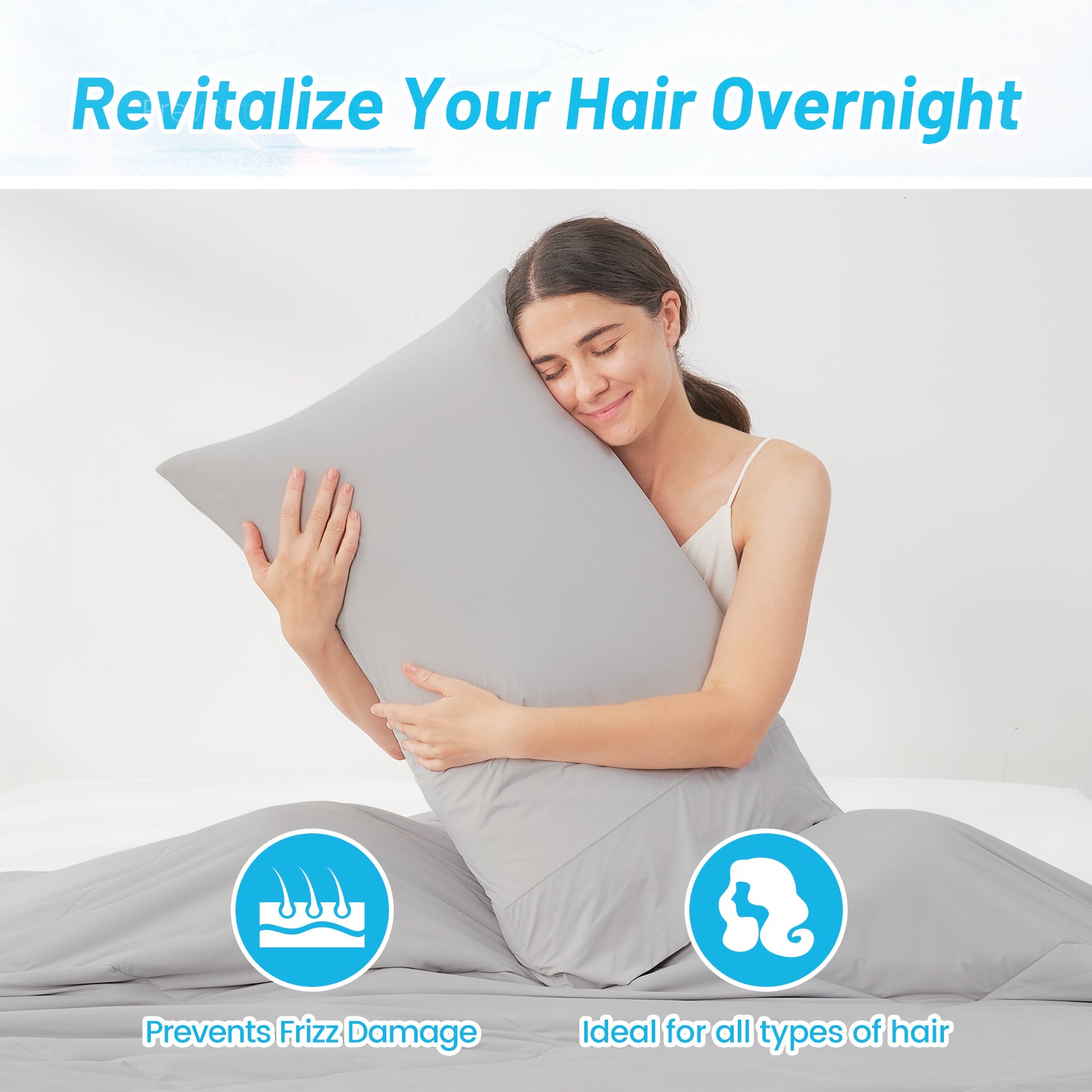 Woman holding a light grey Snuggle Sac pillow with text about hair care benefits.#Color_Light Grey