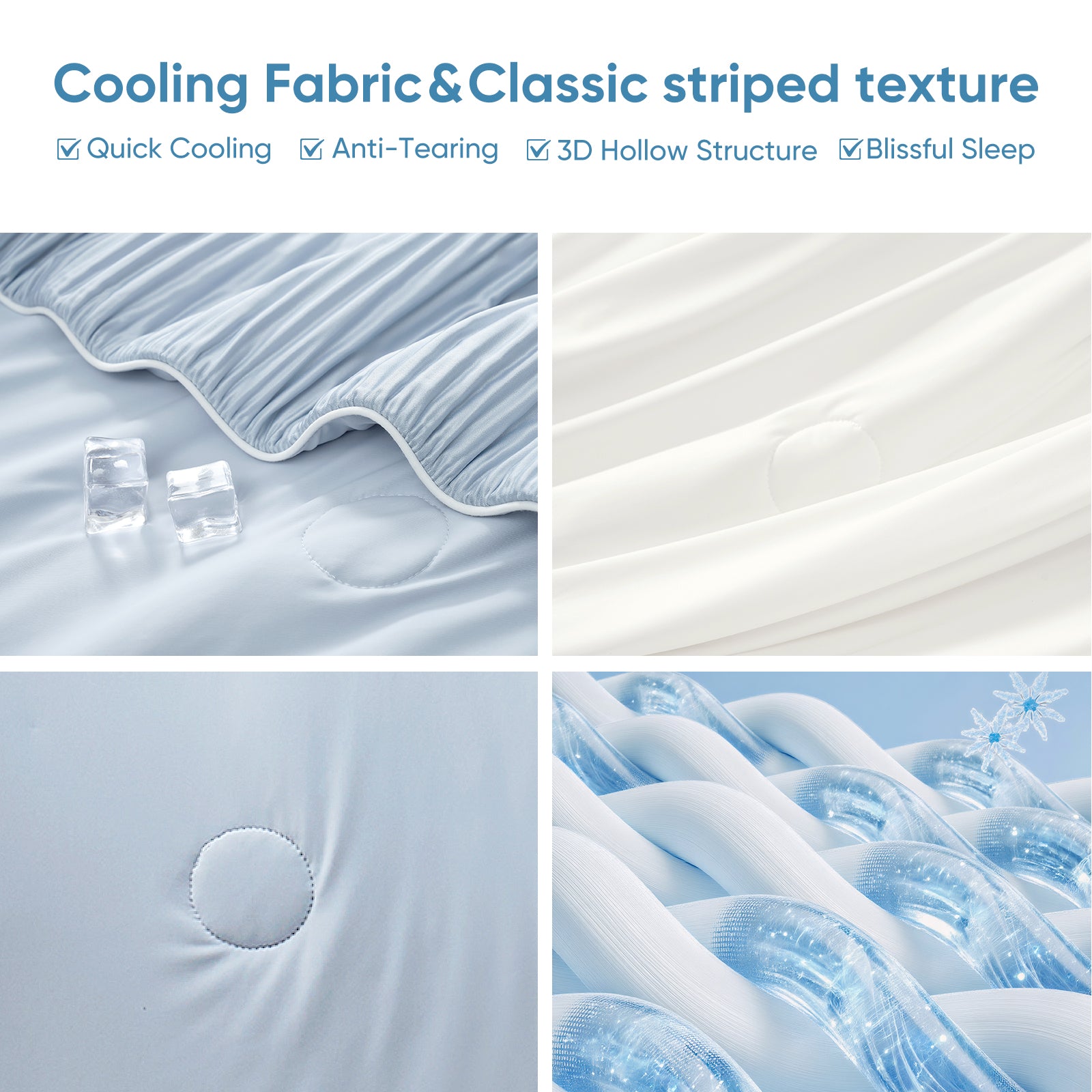 Close up of Snuggle Sac blue cooling fabric and classic striped features #color_Blue